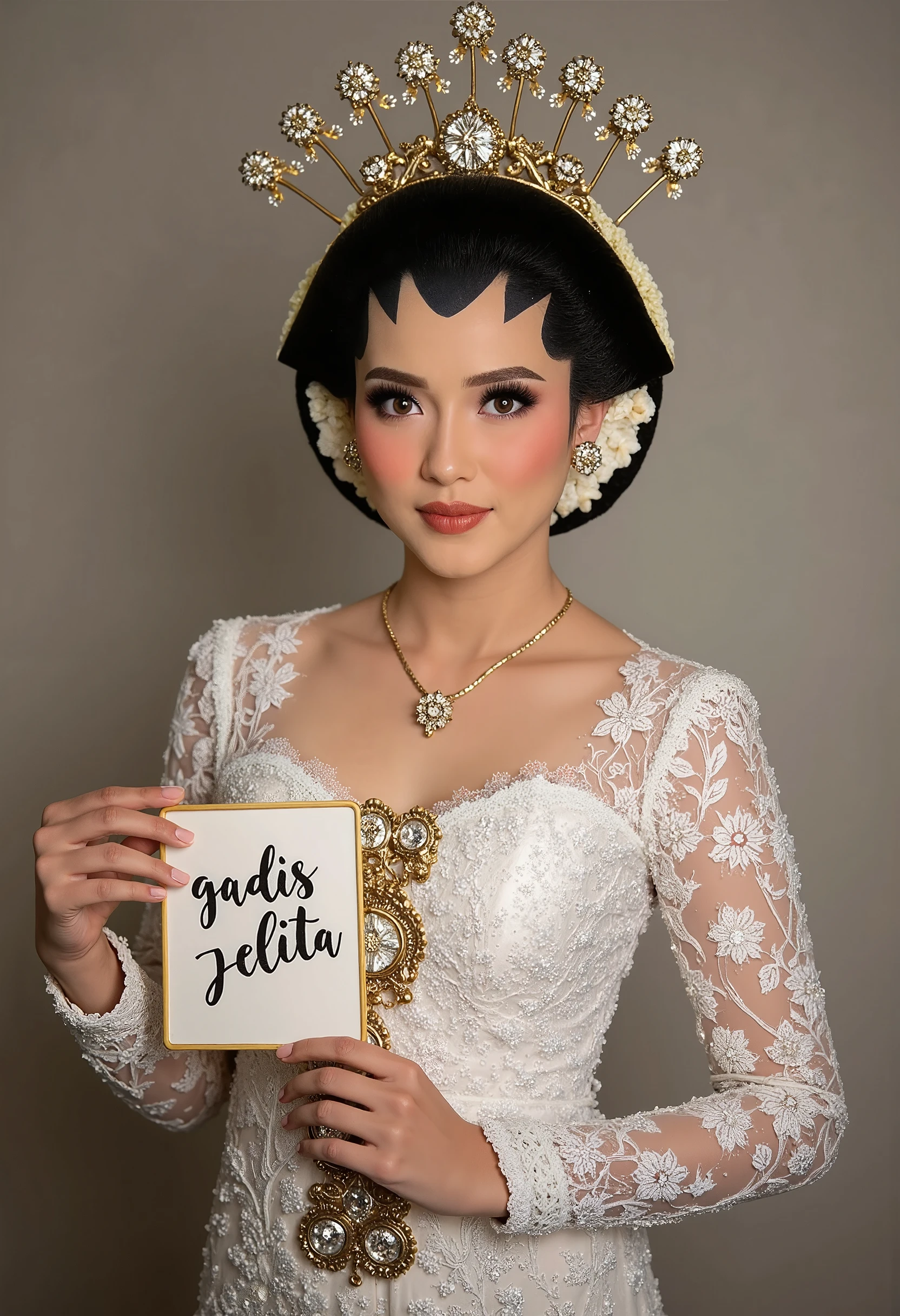 (masterpiece, best quality:1.2), 1girl, Alone, Javanese Traditional, holding sign with text "Gadis Jelita"