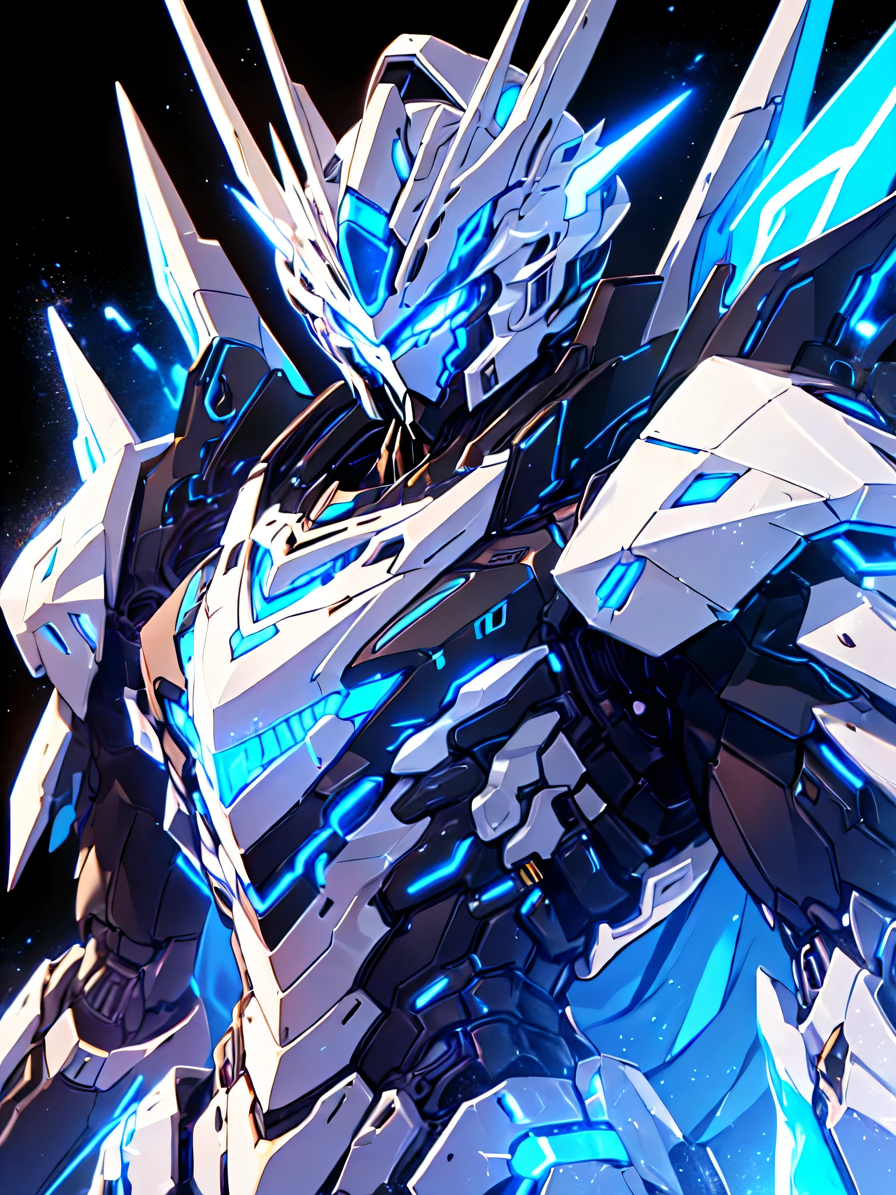 [(BLACK BACKGROUND:1.5)], nijimecha,Blue mech standing,mech with heavy armor,thick limbs,energy core,power armor,full armor,best quality,masterpiece,no human being,v-fin,bule theme,(upper body),(Blue Neon light)