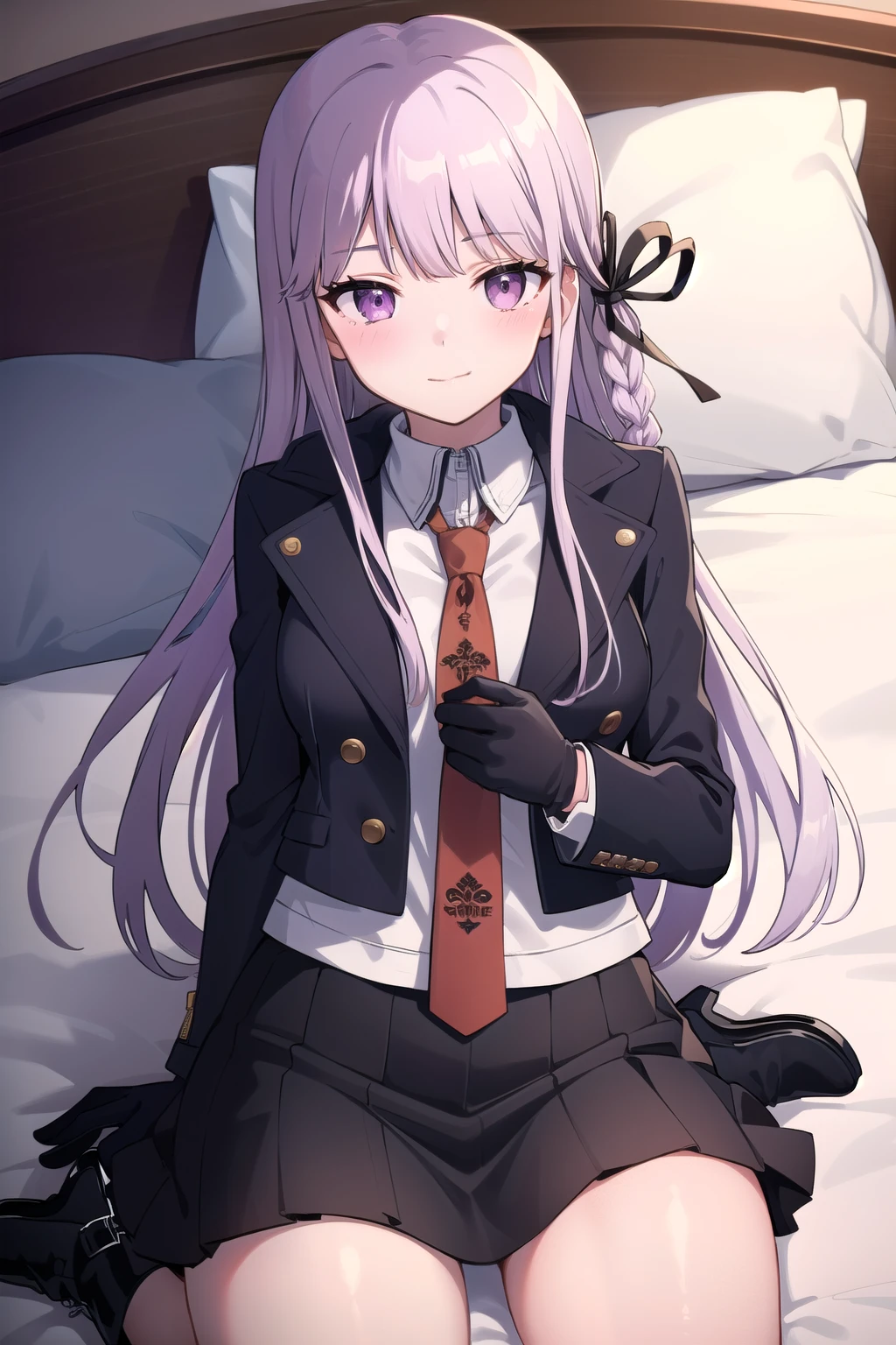 masterpiece, best quality, cute, Kyoko, purple eyes, blushing, slightly smiling, purple hair, long hair, braid, black gloves, purple jacket, purple skirt, brown necktie, white shirt, 1girl, laying in bed, black khee-high boots