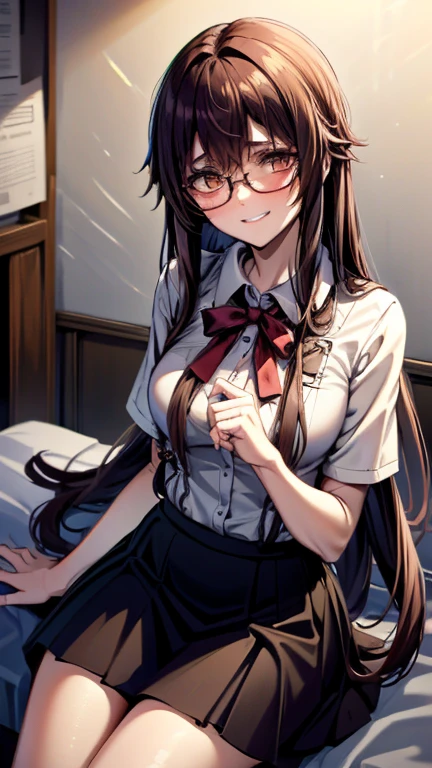 {{{beautiful detailed girl}}}, brown hair, long hair, glasses, wearing a tight blouse, black skirt, sitting close to a student, {{{obsessive smile}}}, {intense eye contact}, {classroom setting}, {dim lighting}, {soft afternoon light}, ultra detailed, cinematic lighting, masterpiece, {tense atmosphere}, {yandere}, {subtle yandere vibes}, {{touching his arm gently}}, {emotional tension}, high quality
