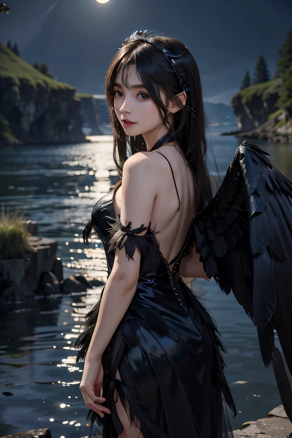 High resolution, high quality, level S completion, goth punk angel, floating, black shiny wings, glowing halo, night, water, most beautiful, blockbuster.