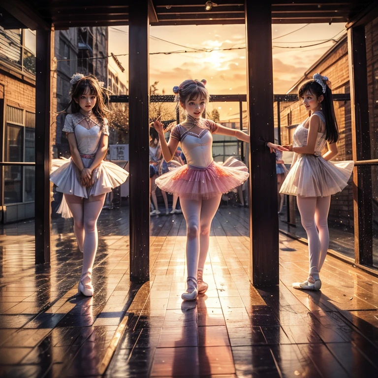 SFW, ExtremelyDetailed (((Kawaii Ballet Girls Group in a row:1.37))), Childish perfect face, Reflective Eyes, Detailed(Delicate Clothing textures), Corrected Leg Line, Corrected Childish Hand, Correct limbs, Dynamic Joyful Expressions LifeLike Rendering, ((Specular Reflection:0.8)), TopQuality 8K Ultra-detailed masterpiece (ProfessionalPhoto:1.37), (Acutance:0.8), (Luminism:1.28), (Light particles:0.75), (Muscle:-0.5), facing away (from side ) (Clearly visible Beautiful hip shape)