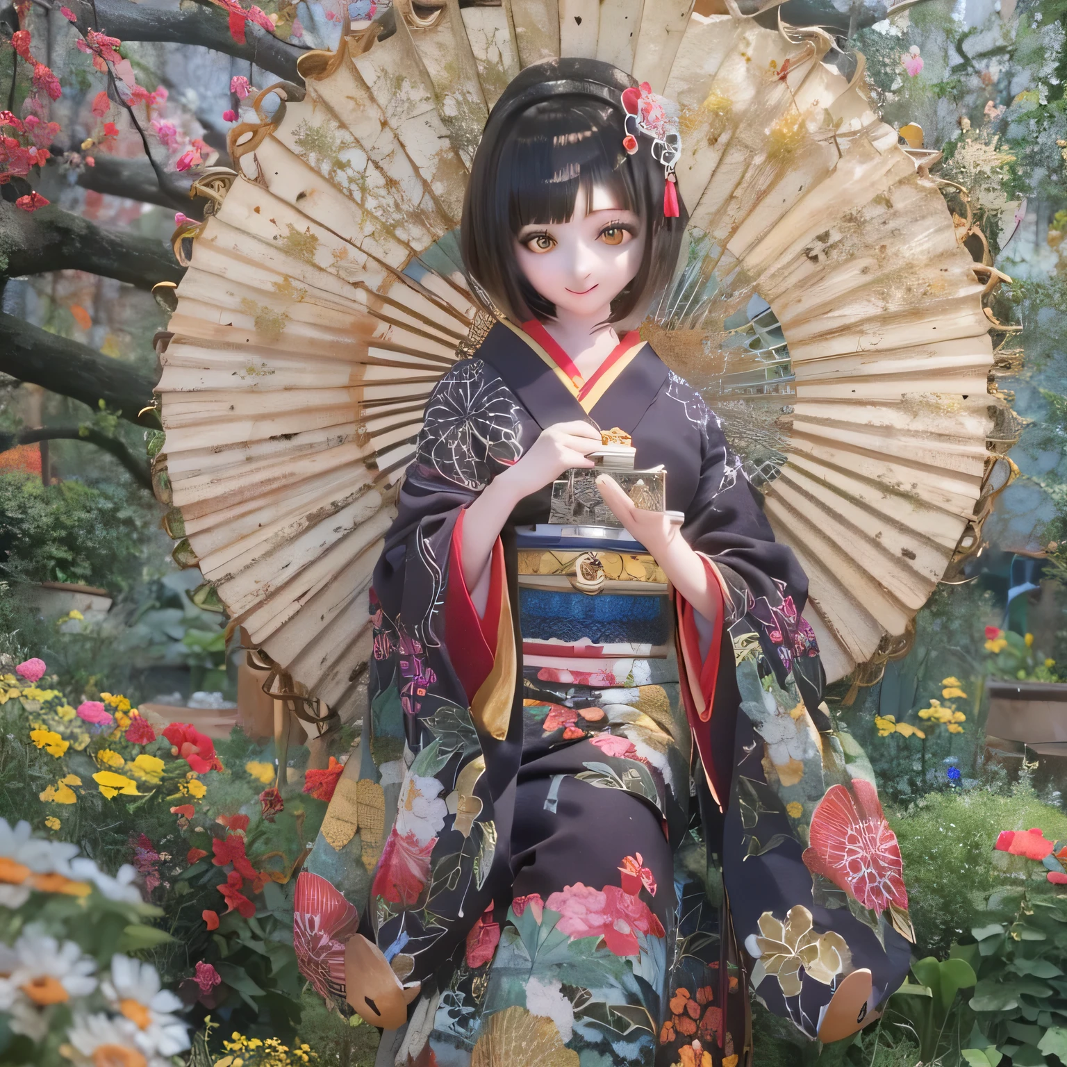 (Best Quality,High resolution,masterpiece:1.2),Very detailed,Realistic,(Me in a kimono,Beautiful details,Beautiful lip detail,Very detailed目と顔,Long eyelashes),Traditional Japanese,geisha,hairpin,Delicate embroidery,Floral,Sleeves flow,Harmonious colors,Soft lighting、Smiling face with a fan、Bobcut、Black Hair、(((High wooden clogs)))