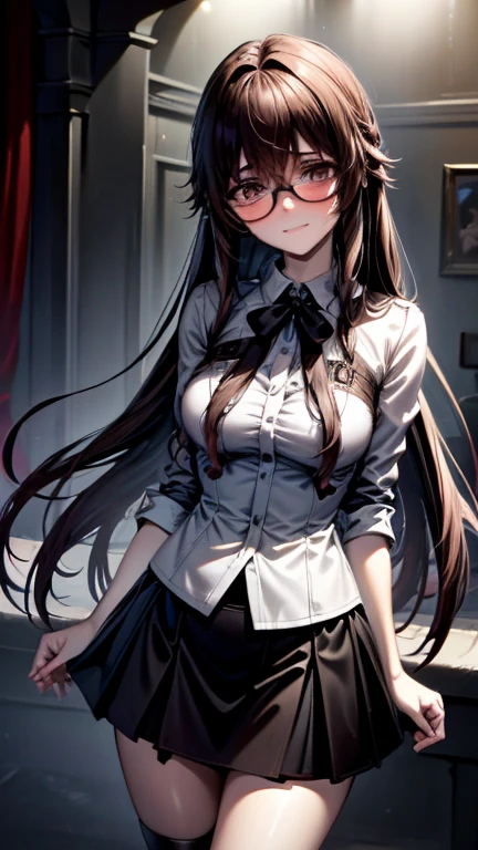 high resolution、high quality、masterpiece、detailed、1 female、Black Hair、Long Hair、Straight Hair、Big Breasts、Glasses、White blouse、Black Skirt、Grab the hem of your skirt with both hands and lift it up to show what's inside、Panty shot、White panties、A look of embarrassment、Back of the building、Angle looking up from below、
