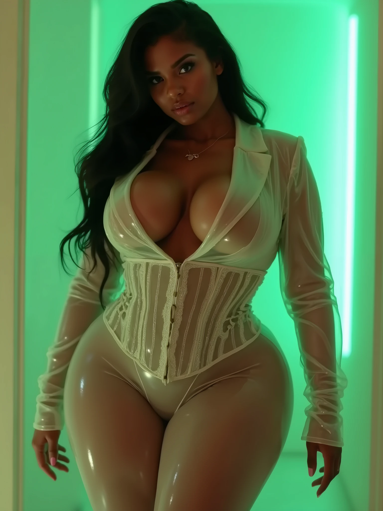 (UHD, retina, masterpiece, award-winning, accurate, anatomically correct, textured skin, super detail, high details, high quality, best quality, high res, 1080P, HD, 4K, 8k, 16k, 32k), hyper realistic, (bright studio lighting), (beautiful detailed amber eyes, beautiful detailed lips, extremely detailed eyes and face), sexy pouty lips, full lips, (physically-based rendering), vivid colors, (large breasts), hourglass body shape, (narrow waist), big ass, ((see-through white bodycon club dress)), (medium shot, portrait, shiny brown French braid, side wept bangs, shiny dark skin, blush), (bokeh), eye reflection, blurred background, ultra detailed skin texture, extreme details, dark tanned skin, freckles, soft lights, sexy standing pose, provocative posture, (perfecteyes)