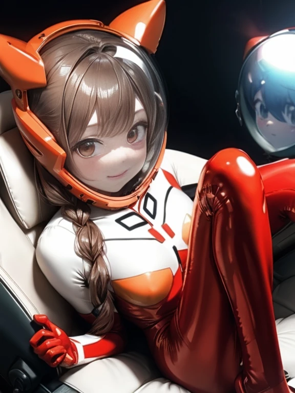 (Bubble Helmet),(Space Helmet),(Astronaut),nsfw, Mosaic Censorship, {{1 girl}}, 20_Year_old, Cute Girls, Moe 2015, {{ face}}, Medium chest, Game CG, 魅惑的な笑face, 邪悪な笑face, Heat stroke, Hair Orange Hair, Light brown hair, short hair, French braids [Wavy] Orange hair with off-the-shoulder jacket, , Love Juice Knee Raise, Spread your legs, Feet on the bed, Sitting on a bed in a dark room, Simple orange eyes, [[From above]], {{Best Quality, Super detailed, masterpiece caustic}}, {cockpit}}, {{{sitting in cockpit}}}, {{{Pilot}}},, Eva Helm, 邪悪な笑face, Bodysuits, Plug Suit, red Bodysuits