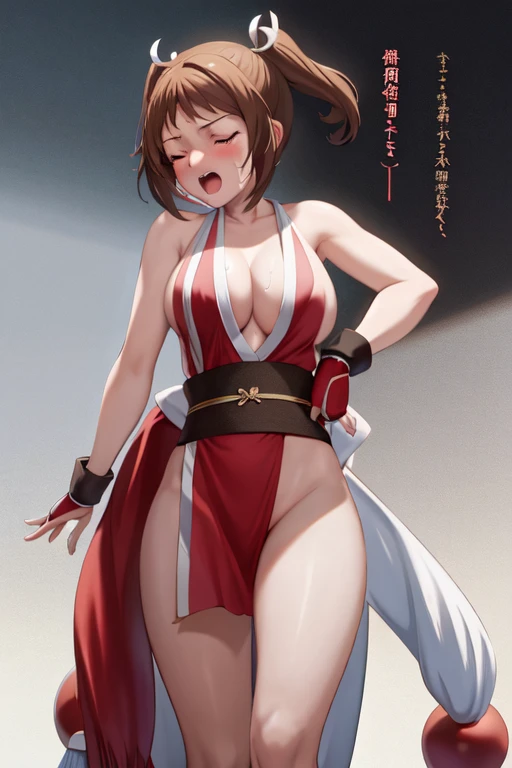 masterpiece, best quality, beautiful art, high resolution, well formed hands, body and fingers, 1 woman, solo, Ui Wakana, red makeup, red lipstick,adult, grown up,  cosplaying as Mai Shiranui , mai_shiranui_cosplay, adult, large and big breasted, cleavage, full body , hair ribbon, gorgeous legs and, thighs, sexy Japanese clothes, hair ornament , sexy and bare legs , hips and thighs, panties peek, ryona , in peril, she is being beaten up by her opponent, closed eyes, she is knocked down and she is slapped in the face , slipping down and falling down on the floor, receiving the impact of her opponent's attacks, closed eyes, screaming in pain and agony, heroine in peril, ryona and perilous scene, bouncing breasts, weak and helpless, martial arts tournament on the beach ryona , in peril, she is being beaten up by her opponent, closed eyes, she is knocked down and she is slapped in the face , slipping down and falling down on the floor, receiving the impact of her opponent's attacks, closed eyes, screaming in pain and agony, heroine in peril, ryona and perilous scene, bouncing breasts, weak and helpless, martial arts tournament on the beach