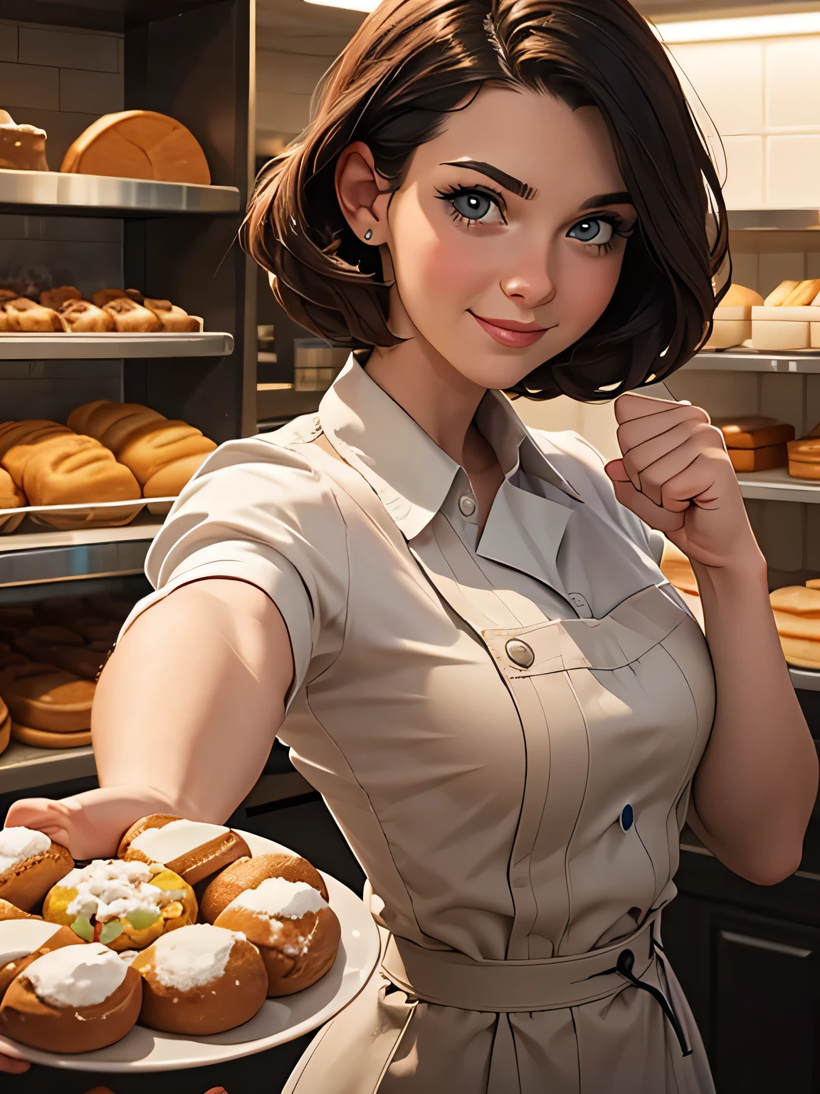 A baker selling bread and cakes, wearing a sexy outfit revealing her breasts and pubes, in a medieval bakery.