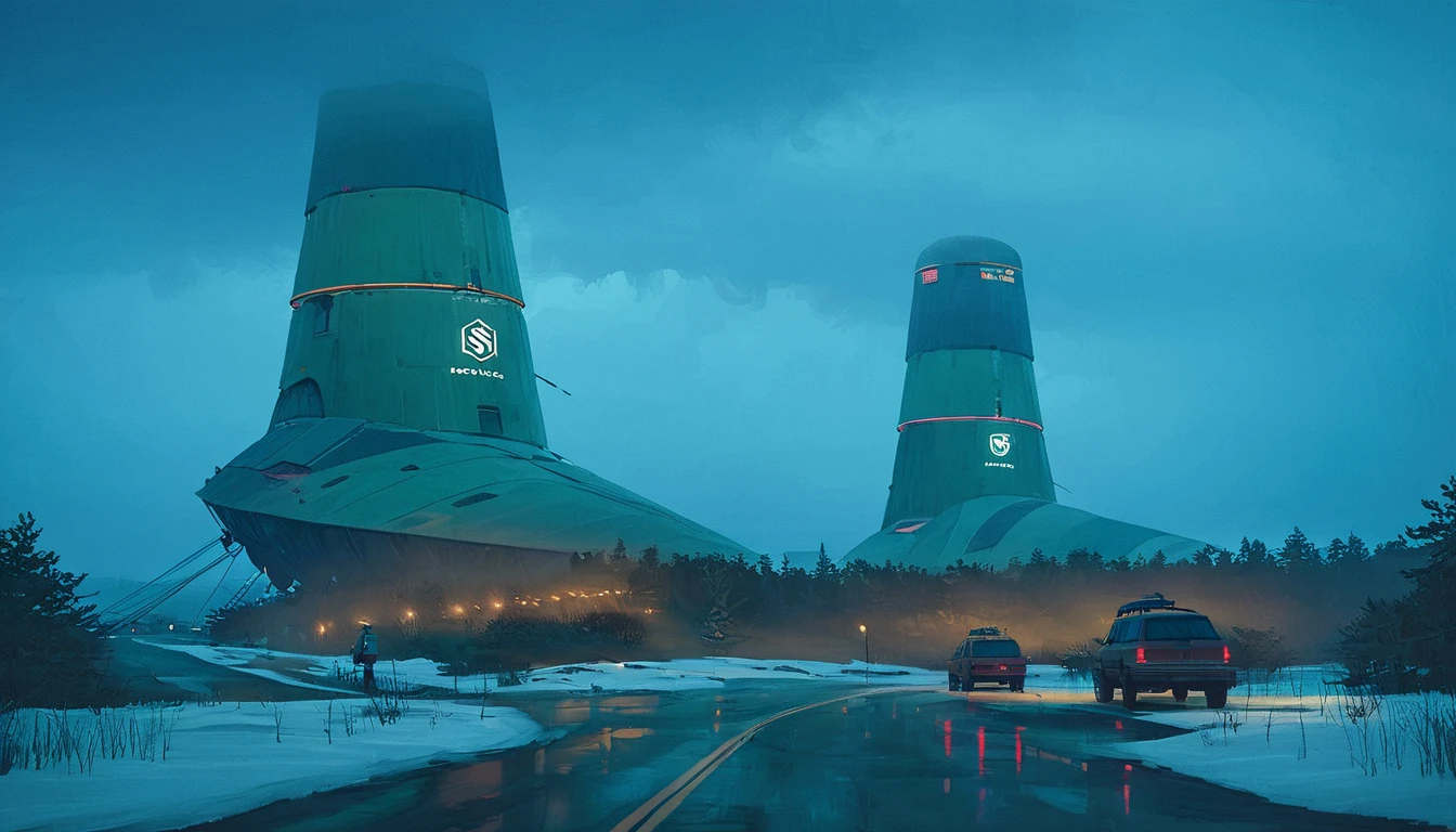 (lora:21Stalenhag:1),(masterpiece), (best quality), (ultra-detailed), (best illustration), (best shadow), (absurdres),((draw by Simon Stlenhag)), ((draw by Simon Stlenhag)), Simon Stlenhag style,SIMON STÅLENHAG, A rainy, dystopian cityscape viewed through a window with raindrops. In the distance, towering, futuristic advertising towers dominate the skyline, each covered in massive digital billboards displaying various logos, brands, and characters. The sky is a muted teal, casting a surreal atmosphere over the scene. The towers are interconnected by numerous thin cables, and below them, a sea of small suburban houses stretches out. The overall mood is one of futuristic, corporate domination over a residential area, A rainy evening scene on a highway, where cars drive toward a massive, futuristic tower in the distance. The view is through a windshield speckled with raindrops, creating a blurred, reflective effect. The tower is illuminated with red lights that glow ominously in the misty blue-green atmosphere. Thin cables extend from the tower into the foggy sky, adding to the sense of scale and mystery. The wet road reflects the tower's lights, emphasizing the moody and sligh A calm winter scene in a suburban neighborhood covered in snow. Above the houses, massive futuristic airships with glowing lights hover silently, casting a blue-green hue across the evening sky. A person dressed in warm clothing stands in the snow, holding packages, and gazing up at the airships in awe. The street is quiet, with footsteps visible in the snow leading to the houses, one of which has lights on, indicating warmth inside, A serene, dystopian landscape at dusk, featuring a vast, open field leading to a dark forest. In the background, towering, futuristic buildings with complex, stacked structures rise above the trees, glowing with blue and warm lights. A lone SUV drives on a narrow dirt road towards the forest, creating a sense of isolation. The sky is overcast with a cold, bluish hue