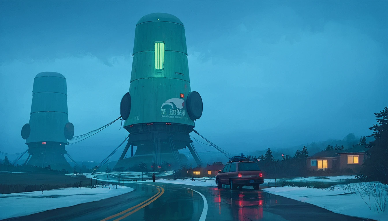 (lora:21Stalenhag:1),(masterpiece), (best quality), (ultra-detailed), (best illustration), (best shadow), (absurdres),((draw by Simon Stlenhag)), ((draw by Simon Stlenhag)), Simon Stlenhag style,SIMON STÅLENHAG, A rainy, dystopian cityscape viewed through a window with raindrops. In the distance, towering, futuristic advertising towers dominate the skyline, each covered in massive digital billboards displaying various logos, brands, and characters. The sky is a muted teal, casting a surreal atmosphere over the scene. The towers are interconnected by numerous thin cables, and below them, a sea of small suburban houses stretches out. The overall mood is one of futuristic, corporate domination over a residential area, A rainy evening scene on a highway, where cars drive toward a massive, futuristic tower in the distance. The view is through a windshield speckled with raindrops, creating a blurred, reflective effect. The tower is illuminated with red lights that glow ominously in the misty blue-green atmosphere. Thin cables extend from the tower into the foggy sky, adding to the sense of scale and mystery. The wet road reflects the tower's lights, emphasizing the moody and sligh A calm winter scene in a suburban neighborhood covered in snow. Above the houses, massive futuristic airships with glowing lights hover silently, casting a blue-green hue across the evening sky. A person dressed in warm clothing stands in the snow, holding packages, and gazing up at the airships in awe. The street is quiet, with footsteps visible in the snow leading to the houses, one of which has lights on, indicating warmth inside, A serene, dystopian landscape at dusk, featuring a vast, open field leading to a dark forest. In the background, towering, futuristic buildings with complex, stacked structures rise above the trees, glowing with blue and warm lights. A lone SUV drives on a narrow dirt road towards the forest, creating a sense of isolation. The sky is overcast with a cold, bluish hue