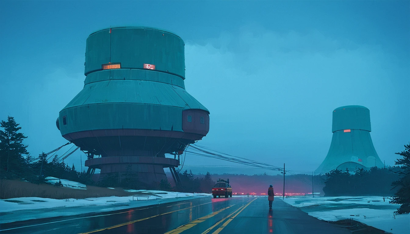 (lora:21Stalenhag:1),(masterpiece), (best quality), (ultra-detailed), (best illustration), (best shadow), (absurdres),((draw by Simon Stlenhag)), ((draw by Simon Stlenhag)), Simon Stlenhag style,SIMON STÅLENHAG, A rainy, dystopian cityscape viewed through a window with raindrops. In the distance, towering, futuristic advertising towers dominate the skyline, each covered in massive digital billboards displaying various logos, brands, and characters. The sky is a muted teal, casting a surreal atmosphere over the scene. The towers are interconnected by numerous thin cables, and below them, a sea of small suburban houses stretches out. The overall mood is one of futuristic, corporate domination over a residential area, A rainy evening scene on a highway, where cars drive toward a massive, futuristic tower in the distance. The view is through a windshield speckled with raindrops, creating a blurred, reflective effect. The tower is illuminated with red lights that glow ominously in the misty blue-green atmosphere. Thin cables extend from the tower into the foggy sky, adding to the sense of scale and mystery. The wet road reflects the tower's lights, emphasizing the moody and sligh A calm winter scene in a suburban neighborhood covered in snow. Above the houses, massive futuristic airships with glowing lights hover silently, casting a blue-green hue across the evening sky. A person dressed in warm clothing stands in the snow, holding packages, and gazing up at the airships in awe. The street is quiet, with footsteps visible in the snow leading to the houses, one of which has lights on, indicating warmth inside, A serene, dystopian landscape at dusk, featuring a vast, open field leading to a dark forest. In the background, towering, futuristic buildings with complex, stacked structures rise above the trees, glowing with blue and warm lights. A lone SUV drives on a narrow dirt road towards the forest, creating a sense of isolation. The sky is overcast with a cold, bluish hue