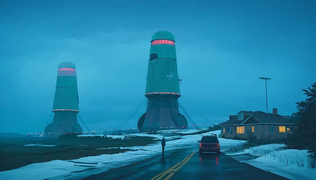 (lora:21Stalenhag:1),(masterpiece), (best quality), (ultra-detailed), (best illustration), (best shadow), (absurdres),((draw by Simon Stlenhag)), ((draw by Simon Stlenhag)), Simon Stlenhag style,SIMON STÅLENHAG, A rainy, dystopian cityscape viewed through a window with raindrops. In the distance, towering, futuristic advertising towers dominate the skyline, each covered in massive digital billboards displaying various logos, brands, and characters. The sky is a muted teal, casting a surreal atmosphere over the scene. The towers are interconnected by numerous thin cables, and below them, a sea of small suburban houses stretches out. The overall mood is one of futuristic, corporate domination over a residential area, A rainy evening scene on a highway, where cars drive toward a massive, futuristic tower in the distance. The view is through a windshield speckled with raindrops, creating a blurred, reflective effect. The tower is illuminated with red lights that glow ominously in the misty blue-green atmosphere. Thin cables extend from the tower into the foggy sky, adding to the sense of scale and mystery. The wet road reflects the tower's lights, emphasizing the moody and sligh A calm winter scene in a suburban neighborhood covered in snow. Above the houses, massive futuristic airships with glowing lights hover silently, casting a blue-green hue across the evening sky. A person dressed in warm clothing stands in the snow, holding packages, and gazing up at the airships in awe. The street is quiet, with footsteps visible in the snow leading to the houses, one of which has lights on, indicating warmth inside, A serene, dystopian landscape at dusk, featuring a vast, open field leading to a dark forest. In the background, towering, futuristic buildings with complex, stacked structures rise above the trees, glowing with blue and warm lights. A lone SUV drives on a narrow dirt road towards the forest, creating a sense of isolation. The sky is overcast with a cold, bluish hue