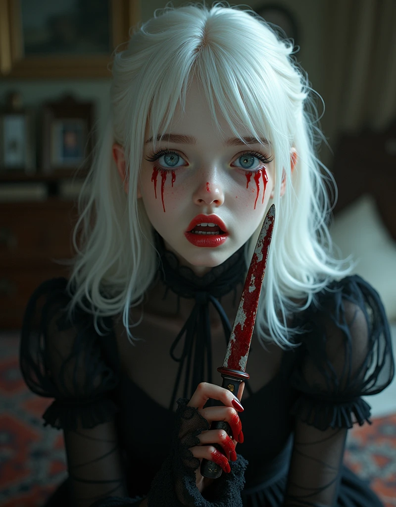 (masterpiece, best quality), 1girl, white hair, dark mood, in ruin, vampire, blood splater, runny makeup, formal, claws, long hair, shadow, dark photo, dim light