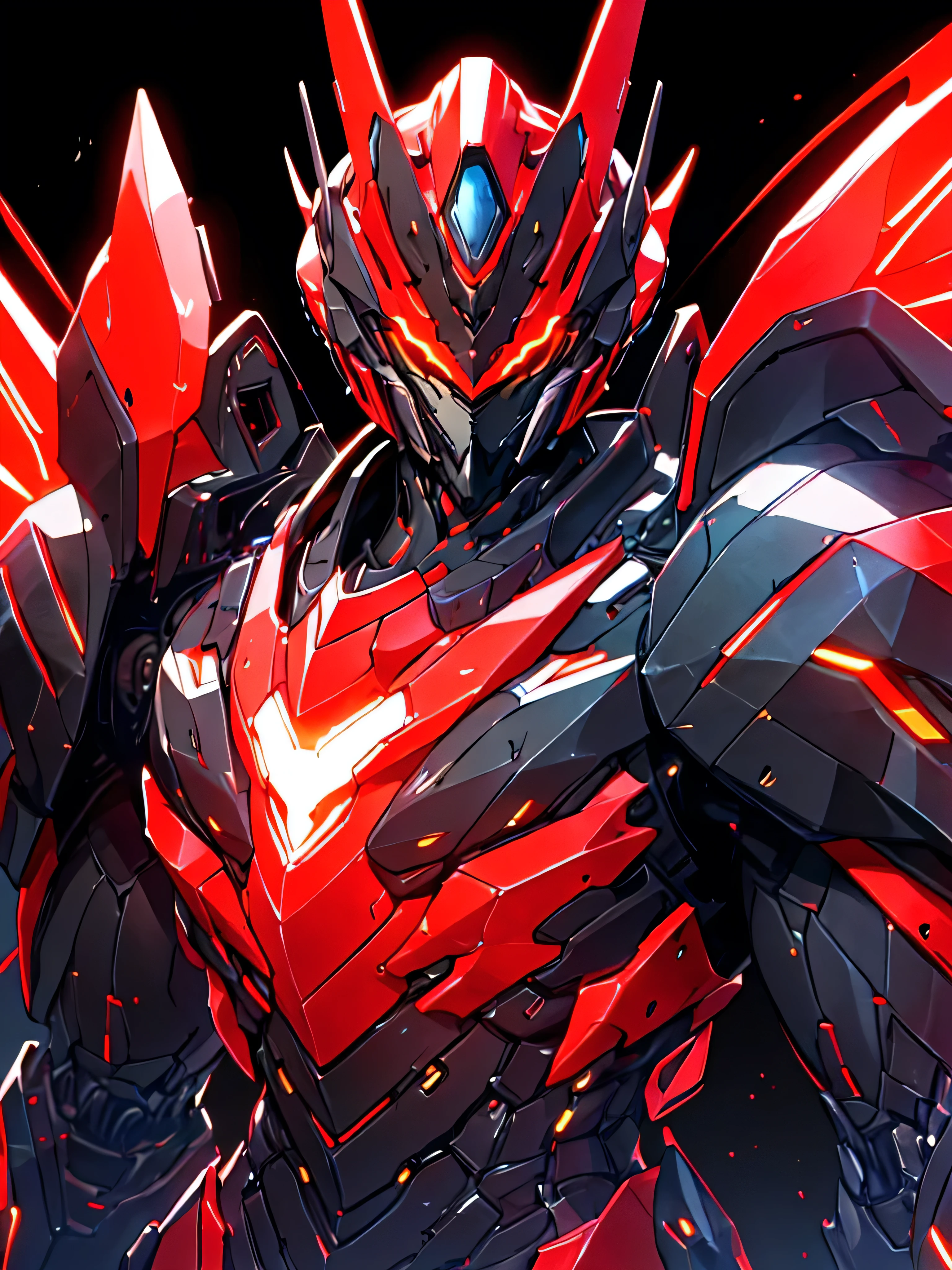[(BLACK BACKGROUND:1.5)], nijimecha,Black mech standing,mech with  heavy armor,thick limbs,energy core,Black color armor,power armor,full armor,best quality,masterpiece,no human being,v-fin,bule theme,(upper body),(red Neon light)