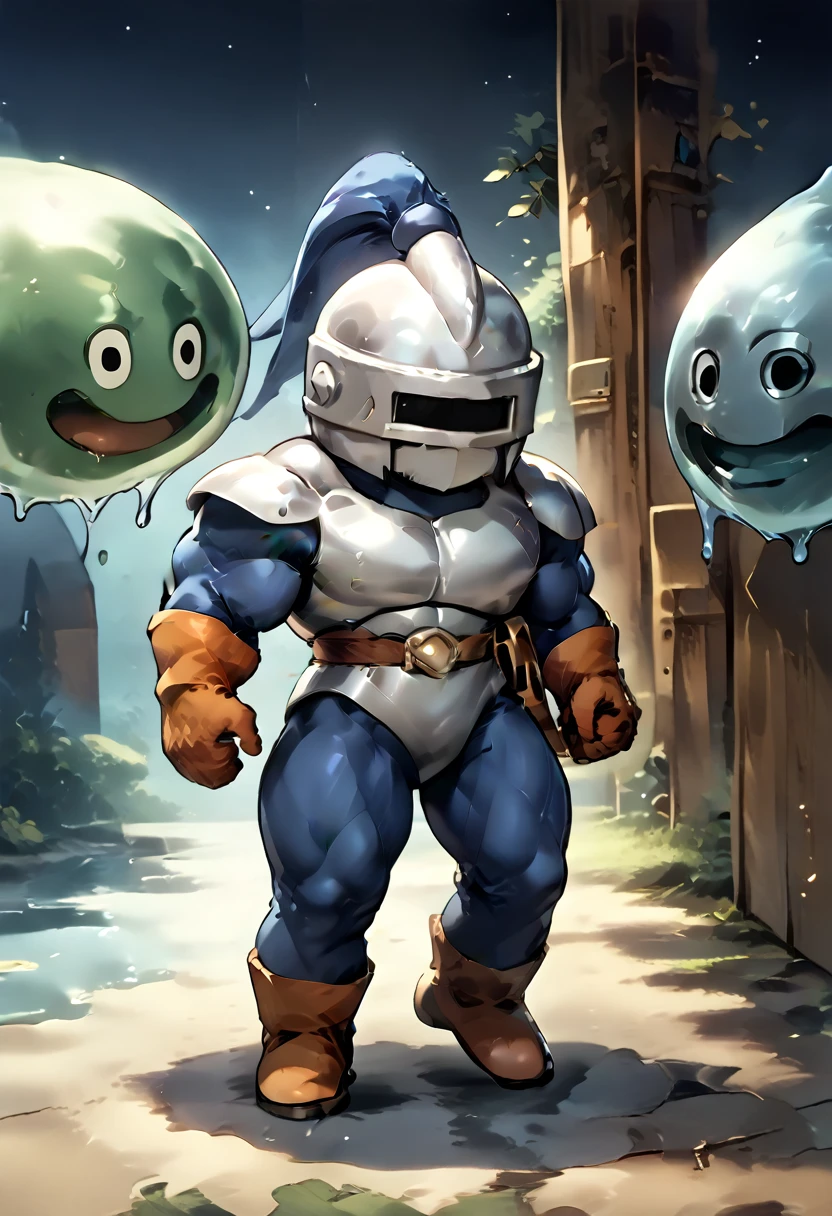 Highest quality,Huge muscles,Huge erect penis,slime knight,young knight、Tidus impersonating the Slime Knight,No helmet on the head