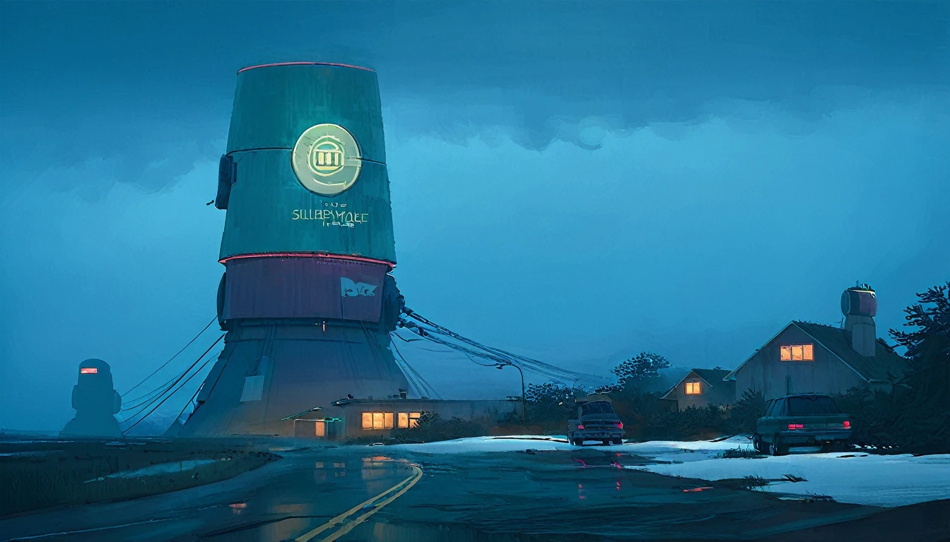 (lora:21Stalenhag:1),(masterpiece), (best quality), (ultra-detailed), (best illustration), (best shadow), (absurdres),((draw by Simon Stlenhag)), ((draw by Simon Stlenhag)), Simon Stlenhag style,SIMON STÅLENHAG, A rainy, dystopian cityscape viewed through a window with raindrops. In the distance, towering, futuristic advertising towers dominate the skyline, each covered in massive digital billboards displaying various logos, brands, and characters. The sky is a muted teal, casting a surreal atmosphere over the scene. The towers are interconnected by numerous thin cables, and below them, a sea of small suburban houses stretches out. The overall mood is one of futuristic, corporate domination over a residential area, A rainy evening scene on a highway, where cars drive toward a massive, futuristic tower in the distance. The view is through a windshield speckled with raindrops, creating a blurred, reflective effect. The tower is illuminated with red lights that glow ominously in the misty blue-green atmosphere. Thin cables extend from the tower into the foggy sky, adding to the sense of scale and mystery. The wet road reflects the tower's lights, emphasizing the moody and sligh A calm winter scene in a suburban neighborhood covered in snow. Above the houses, massive futuristic airships with glowing lights hover silently, casting a blue-green hue across the evening sky. A person dressed in warm clothing stands in the snow, holding packages, and gazing up at the airships in awe. The street is quiet, with footsteps visible in the snow leading to the houses, one of which has lights on, indicating warmth inside, A serene, dystopian landscape at dusk, featuring a vast, open field leading to a dark forest. In the background, towering, futuristic buildings with complex, stacked structures rise above the trees, glowing with blue and warm lights. A lone SUV drives on a narrow dirt road towards the forest, creating a sense of isolation. The sky is overcast with a cold, bluish hue