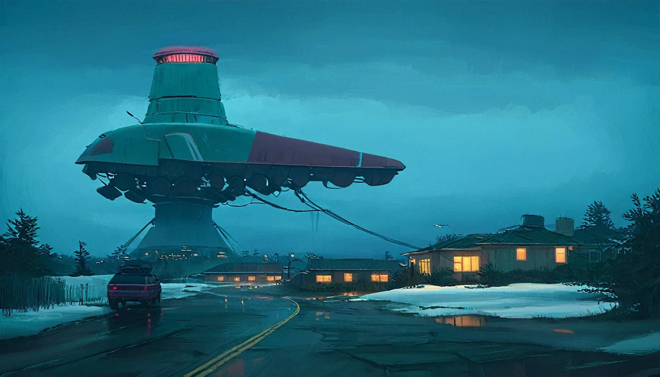 (lora:21Stalenhag:1),(masterpiece), (best quality), (ultra-detailed), (best illustration), (best shadow), (absurdres),((draw by Simon Stlenhag)), ((draw by Simon Stlenhag)), Simon Stlenhag style,SIMON STÅLENHAG, A rainy, dystopian cityscape viewed through a window with raindrops. In the distance, towering, futuristic advertising towers dominate the skyline, each covered in massive digital billboards displaying various logos, brands, and characters. The sky is a muted teal, casting a surreal atmosphere over the scene. The towers are interconnected by numerous thin cables, and below them, a sea of small suburban houses stretches out. The overall mood is one of futuristic, corporate domination over a residential area, A rainy evening scene on a highway, where cars drive toward a massive, futuristic tower in the distance. The view is through a windshield speckled with raindrops, creating a blurred, reflective effect. The tower is illuminated with red lights that glow ominously in the misty blue-green atmosphere. Thin cables extend from the tower into the foggy sky, adding to the sense of scale and mystery. The wet road reflects the tower's lights, emphasizing the moody and sligh A calm winter scene in a suburban neighborhood covered in snow. Above the houses, massive futuristic airships with glowing lights hover silently, casting a blue-green hue across the evening sky. A person dressed in warm clothing stands in the snow, holding packages, and gazing up at the airships in awe. The street is quiet, with footsteps visible in the snow leading to the houses, one of which has lights on, indicating warmth inside, A serene, dystopian landscape at dusk, featuring a vast, open field leading to a dark forest. In the background, towering, futuristic buildings with complex, stacked structures rise above the trees, glowing with blue and warm lights. A lone SUV drives on a narrow dirt road towards the forest, creating a sense of isolation. The sky is overcast with a cold, bluish hue