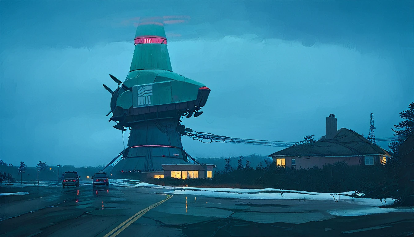 (lora:21Stalenhag:1),(masterpiece), (best quality), (ultra-detailed), (best illustration), (best shadow), (absurdres),((draw by Simon Stlenhag)), ((draw by Simon Stlenhag)), Simon Stlenhag style,SIMON STÅLENHAG, A rainy, dystopian cityscape viewed through a window with raindrops. In the distance, towering, futuristic advertising towers dominate the skyline, each covered in massive digital billboards displaying various logos, brands, and characters. The sky is a muted teal, casting a surreal atmosphere over the scene. The towers are interconnected by numerous thin cables, and below them, a sea of small suburban houses stretches out. The overall mood is one of futuristic, corporate domination over a residential area, A rainy evening scene on a highway, where cars drive toward a massive, futuristic tower in the distance. The view is through a windshield speckled with raindrops, creating a blurred, reflective effect. The tower is illuminated with red lights that glow ominously in the misty blue-green atmosphere. Thin cables extend from the tower into the foggy sky, adding to the sense of scale and mystery. The wet road reflects the tower's lights, emphasizing the moody and sligh A calm winter scene in a suburban neighborhood covered in snow. Above the houses, massive futuristic airships with glowing lights hover silently, casting a blue-green hue across the evening sky. A person dressed in warm clothing stands in the snow, holding packages, and gazing up at the airships in awe. The street is quiet, with footsteps visible in the snow leading to the houses, one of which has lights on, indicating warmth inside, A serene, dystopian landscape at dusk, featuring a vast, open field leading to a dark forest. In the background, towering, futuristic buildings with complex, stacked structures rise above the trees, glowing with blue and warm lights. A lone SUV drives on a narrow dirt road towards the forest, creating a sense of isolation. The sky is overcast with a cold, bluish hue