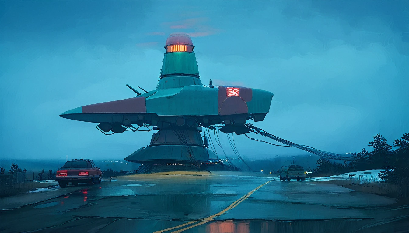 (lora:21Stalenhag:1),(masterpiece), (best quality), (ultra-detailed), (best illustration), (best shadow), (absurdres),((draw by Simon Stlenhag)), ((draw by Simon Stlenhag)), Simon Stlenhag style,SIMON STÅLENHAG, A rainy, dystopian cityscape viewed through a window with raindrops. In the distance, towering, futuristic advertising towers dominate the skyline, each covered in massive digital billboards displaying various logos, brands, and characters. The sky is a muted teal, casting a surreal atmosphere over the scene. The towers are interconnected by numerous thin cables, and below them, a sea of small suburban houses stretches out. The overall mood is one of futuristic, corporate domination over a residential area, A rainy evening scene on a highway, where cars drive toward a massive, futuristic tower in the distance. The view is through a windshield speckled with raindrops, creating a blurred, reflective effect. The tower is illuminated with red lights that glow ominously in the misty blue-green atmosphere. Thin cables extend from the tower into the foggy sky, adding to the sense of scale and mystery. The wet road reflects the tower's lights, emphasizing the moody and sligh A calm winter scene in a suburban neighborhood covered in snow. Above the houses, massive futuristic airships with glowing lights hover silently, casting a blue-green hue across the evening sky. A person dressed in warm clothing stands in the snow, holding packages, and gazing up at the airships in awe. The street is quiet, with footsteps visible in the snow leading to the houses, one of which has lights on, indicating warmth inside, A serene, dystopian landscape at dusk, featuring a vast, open field leading to a dark forest. In the background, towering, futuristic buildings with complex, stacked structures rise above the trees, glowing with blue and warm lights. A lone SUV drives on a narrow dirt road towards the forest, creating a sense of isolation. The sky is overcast with a cold, bluish hue