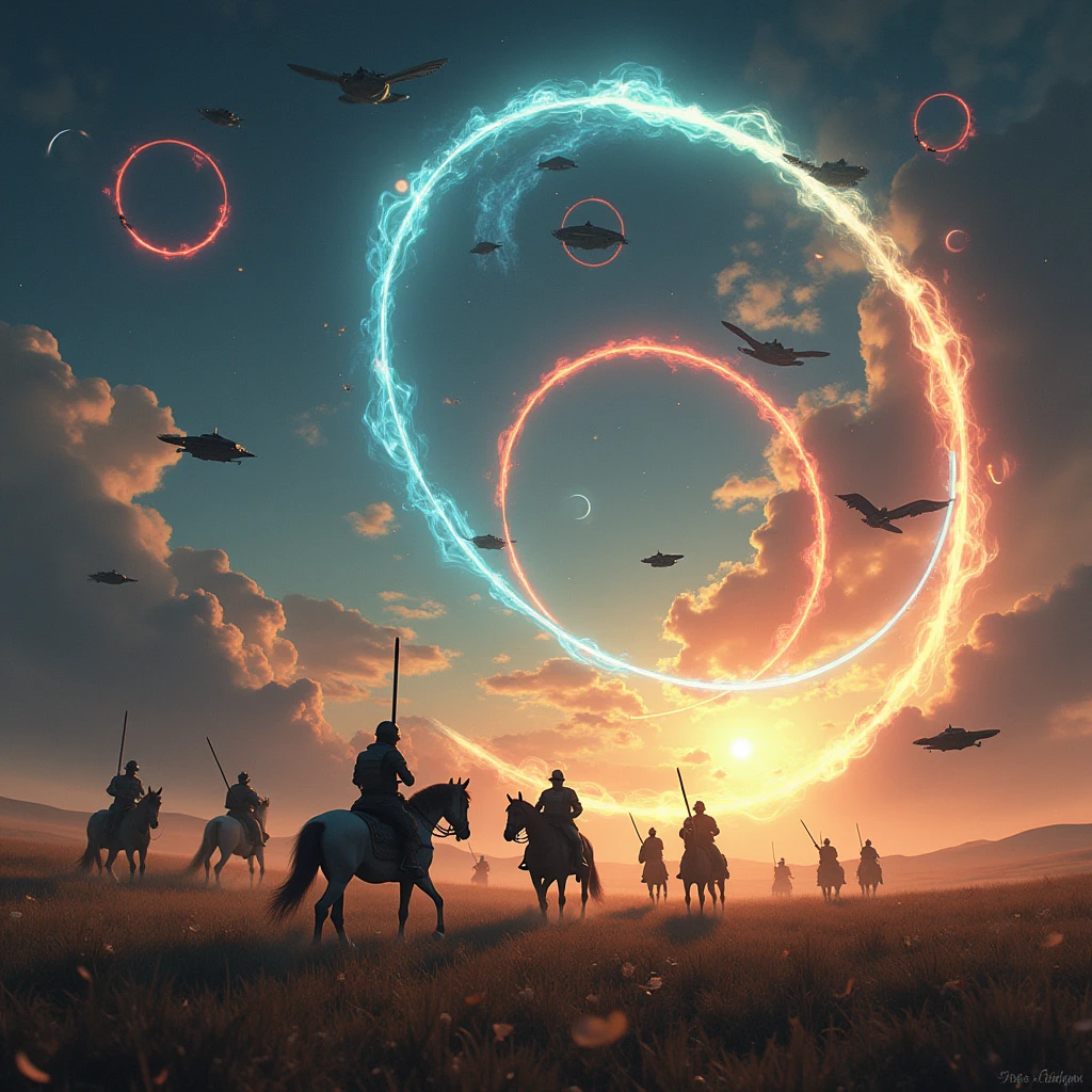 space war, seven magic circles of seven different colors on the ground, UFOs and aliens invading the vast land, samurai and knights on horseback fighting back, battlefield effects