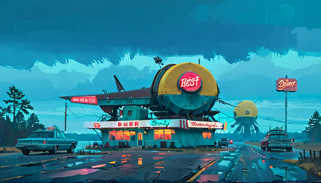 (lora:21Stalenhag:1),(masterpiece), (best quality), (ultra-detailed), (best illustration), (best shadow), (absurdres),((draw by Simon Stlenhag)), ((draw by Simon Stlenhag)), Simon Stlenhag style,SIMON STÅLENHAG,(((American Diner))), Americana Architecture, a group of broken monoliths,robot, country street by Simon Stlenhag,american diner on the far behind,spaceship in the sky