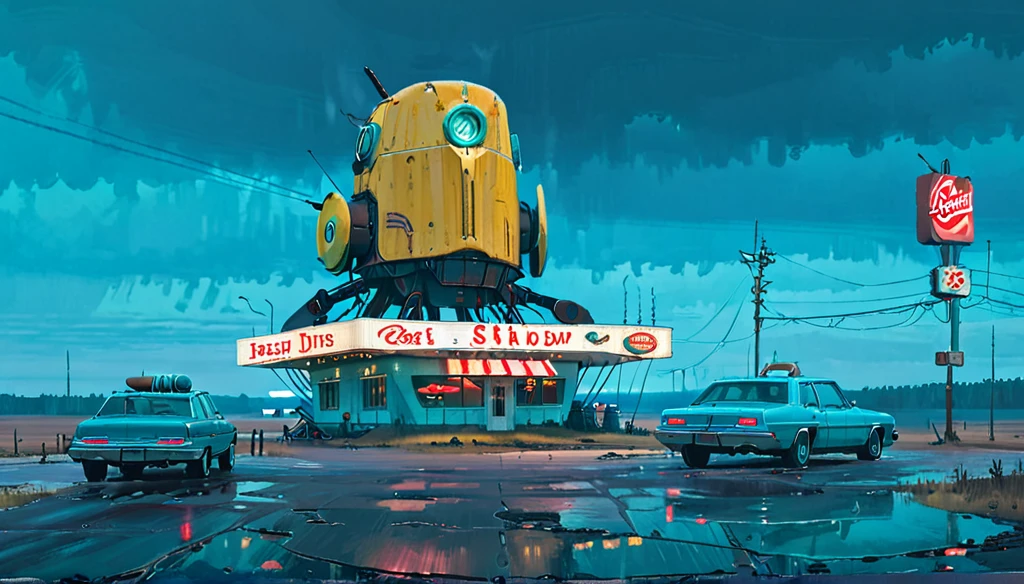 (lora:21Stalenhag:1),(masterpiece), (best quality), (ultra-detailed), (best illustration), (best shadow), (absurdres),((draw by Simon Stlenhag)), ((draw by Simon Stlenhag)), Simon Stlenhag style,SIMON STÅLENHAG,(((American Diner))), Americana Architecture, a group of broken monoliths,robot, country street by Simon Stlenhag,american diner on the far behind,spaceship in the sky