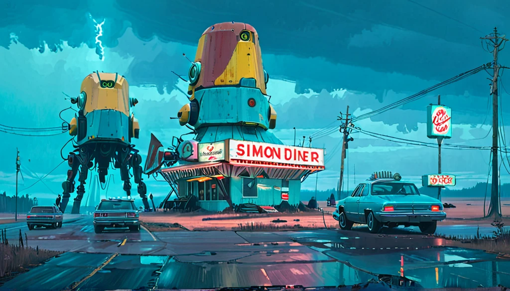 (lora:21Stalenhag:1),(masterpiece), (best quality), (ultra-detailed), (best illustration), (best shadow), (absurdres),((draw by Simon Stlenhag)), ((draw by Simon Stlenhag)), Simon Stlenhag style,SIMON STÅLENHAG,(((American Diner))), Americana Architecture, a group of broken monoliths,robot, country street by Simon Stlenhag,american diner on the far behind,spaceship in the sky