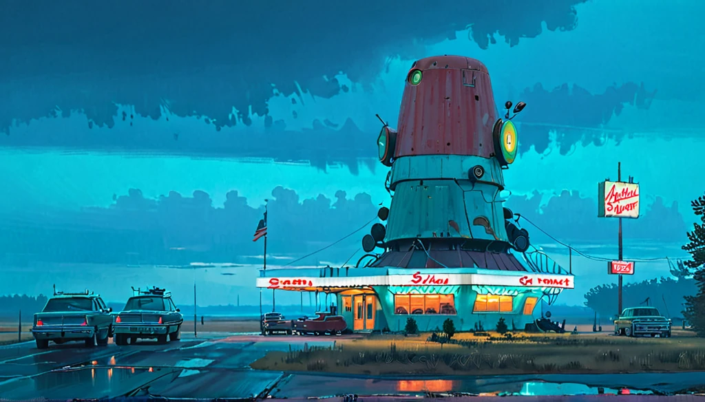 (lora:21Stalenhag:1),(masterpiece), (best quality), (ultra-detailed), (best illustration), (best shadow), (absurdres),((draw by Simon Stlenhag)), ((draw by Simon Stlenhag)), Simon Stlenhag style,SIMON STÅLENHAG,(((American Diner))), Americana Architecture, a group of broken monoliths,robot, country street by Simon Stlenhag,american diner on the far behind,spaceship in the sky