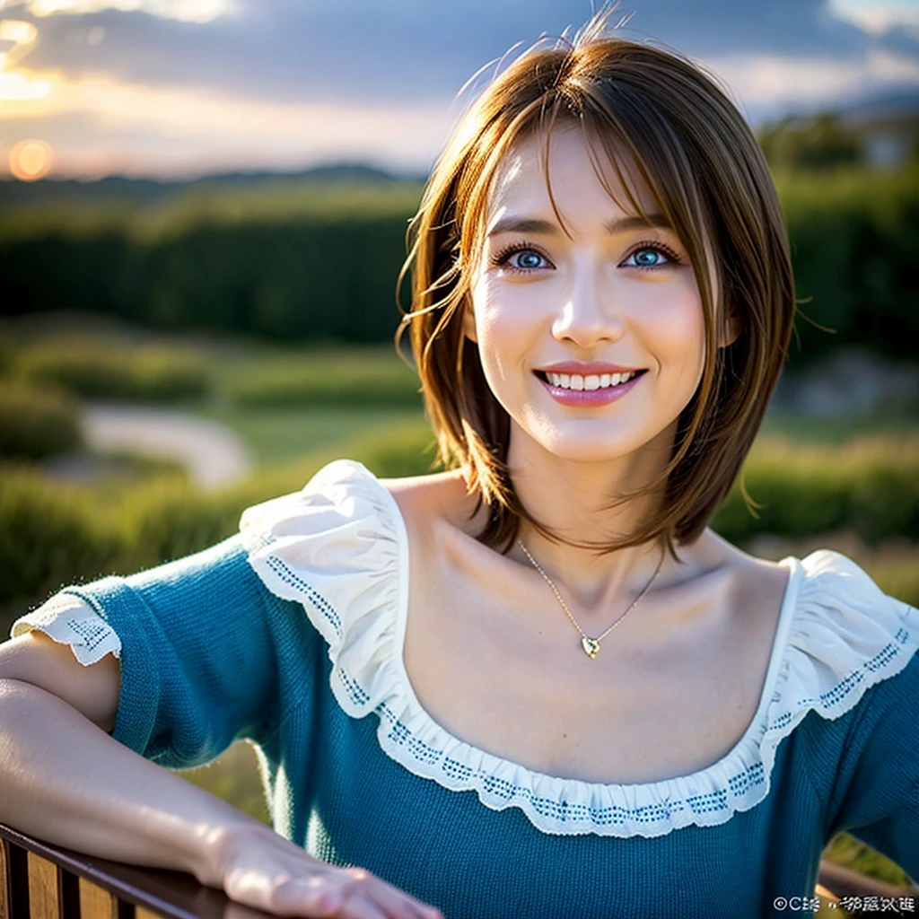 8k,Brown short hair,Japanese actress,Super Beauty(Like the real thing),Neat and clean dresses,Wine Party、wine glass、full-course dinner,Big smile,Lakeside,Perfect Anatomy,charm,Volume measurement,Body balance,Digital single-lens reflex camera, Soft lighting, Detailed Background, Written boundary depth, Volumetric lighting, Sharp focus, Absurd, Realistic proportions, Excellent anatomy, (Realistic, 超Realistic:1.4), 16k hdr, dawn,High resolution,super Realistic 肌,super beautiful expression,Fantasy art,Character Art,Wind effects:1.9、Cloud Effect:1.2、Full Rendering、プロ品質のHigh resolution、Perfect contrast、Perfect lighting、Perfect composition、Perfect Skin、Perfect Fingers、Perfect breasts、Perfect Hair、Perfect Face、Realistic facial features,Highest quality,Slim figure,Perfect body line,Perfect hand shape,Anatomical Body Balance,Highly detailed face,Highly detailed eyes,Beautiful Lips,Excellent light particles,Cinema Lighting,compensate,超High resolution,Ultra-Realistic Skin,Dynamic pose,blue eyes,