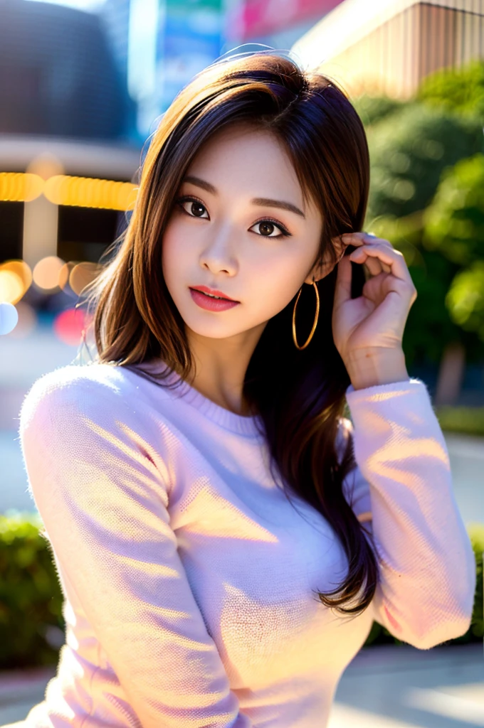 a gorgeous lady in a Bow Front Flounce Sleeve 2-in-1 Dress, standing under night sky, dimpled smile, short ponytail, in a natural pose, photorealistic, beautiful detailed eyes, hyper-realism, high contrast, ultra HD, realistic skin textures, top image quality, top-quality, super high resolution, fine details, very meticulously, bokeh background