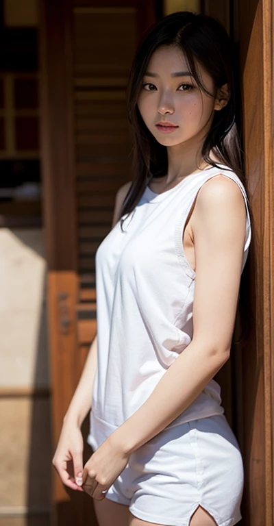 Solo, long_hair, Nanase Nishino, Haruka Kaki, Summer, Fountain, Tank Top, Shorts, (8K, RAW Photography, Best Quality, Masterpiece:1.2), (Realistic, Photorealistic:1.37), Professional Lighting, Photon Mapping, Radiosity, Physically Based Rendering