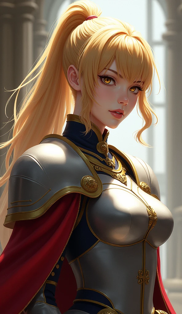 Mulher Madura, elegante, cabelo loiro, olhos verdes, Curvilíneo, coroa, Ombro nu, tronco, Resolução 4k, alta qualidade, Hyperresolution，accuracy，Detailed rendering，（Subtle facial image）（Image of fine hair）（topquality）（Masterpieces of masters）（High degree of completeness）（A sense of atmosphere）tmasterpiece，Super detailed and super detailed（portrait), long blonde hair, (((twin braids)))(((ANKLE LENGTH HAIR))) (((Sakimichan))) (((blonde)))((Armor)) ((Halberd))) (((warrior))) (((Tanned skin)))