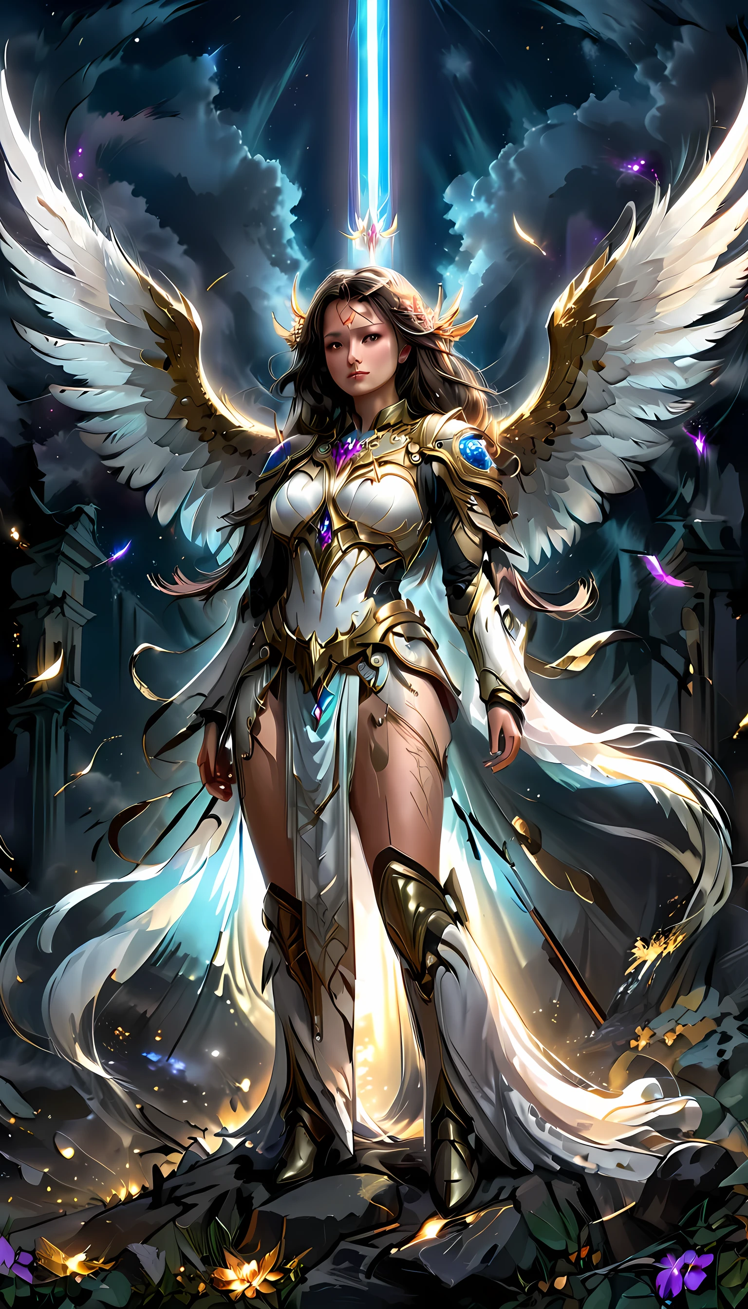 an epic fantasy art of aasimar, female, paladin ready for battle under the full moon, holy warrior, spread large feathered wings, (wings sprouting from the back: 1.3), majestic wings, white angelic wings spread (Masterpiece, intense details: 1.5), moon light, moon, stars, clouds, radiant holy symbol, armed with a divine sword, glowing sword wearing holy armor, wearing high heel boots, dynamic hair color, dynamic hair style, dynamic skin complexion, dark fantasy cemetery background, anatomically correct (Masterpiece 1.3, intense details), angel wings, determined face, god rays, cinematic lighting, glowing light, silhouette, from outside, photorealism, panoramic view (Masterpiece 1.3, intense details) , Wide-Angle, Ultra-Wide Angle, 16k, highres, best quality, high details, 16K, ultra detailed, masterpiece, best quality, (extremely detailed), arafed, dnd art, portrait, full body,