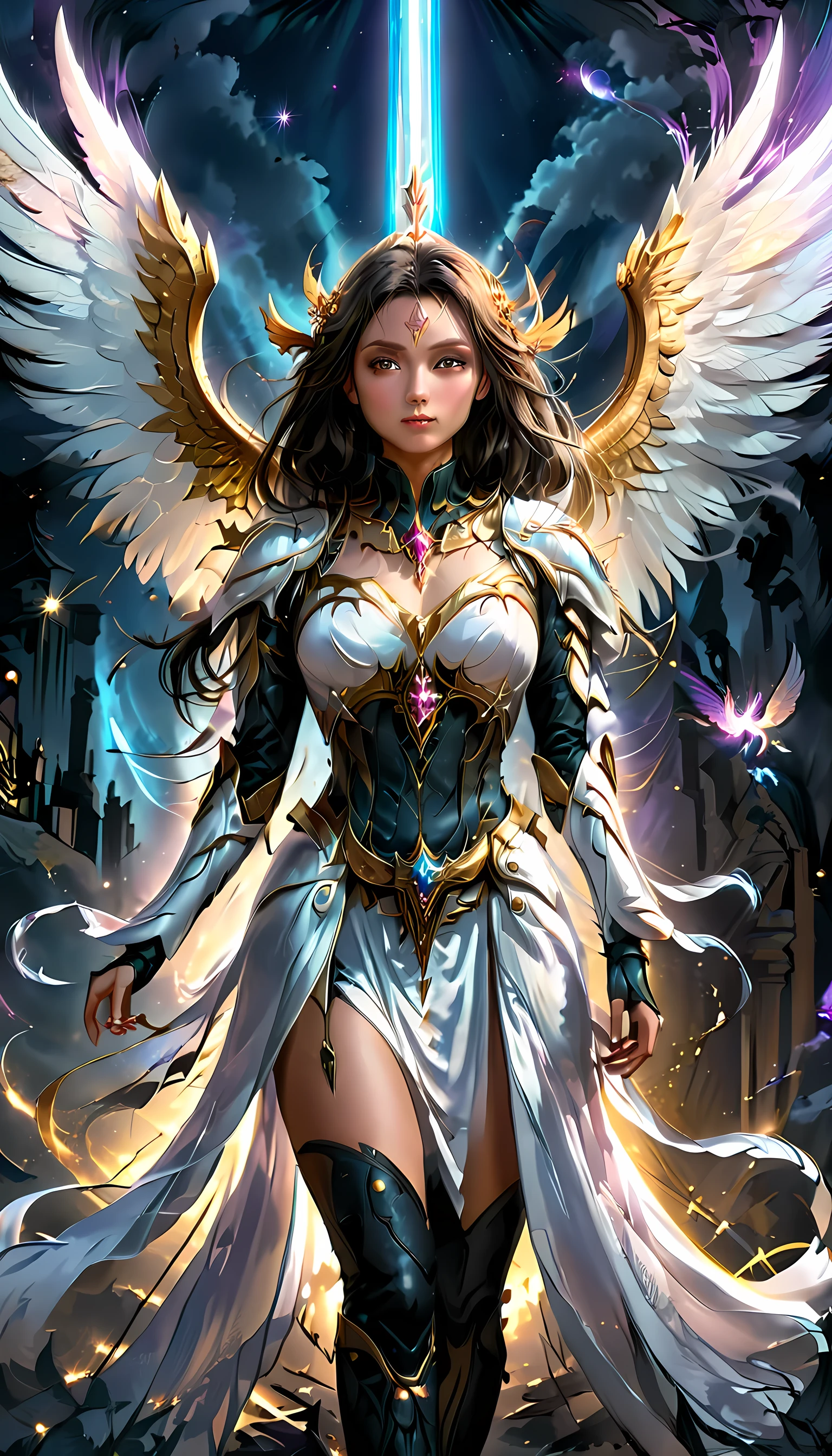 an epic fantasy art of aasimar, female, paladin ready for battle under the full moon, holy warrior, spread large feathered wings, (wings sprouting from the back: 1.3), majestic wings, white angelic wings spread (Masterpiece, intense details: 1.5), moon light, moon, stars, clouds, radiant holy symbol, armed with a divine sword, glowing sword wearing holy armor, wearing high heel boots, dynamic hair color, dynamic hair style, dynamic skin complexion, dark fantasy cemetery background, anatomically correct (Masterpiece 1.3, intense details), angel wings, determined face, god rays, cinematic lighting, glowing light, silhouette, from outside, photorealism, panoramic view (Masterpiece 1.3, intense details) , Wide-Angle, Ultra-Wide Angle, 16k, highres, best quality, high details, 16K, ultra detailed, masterpiece, best quality, (extremely detailed), arafed, dnd art, portrait, full body,