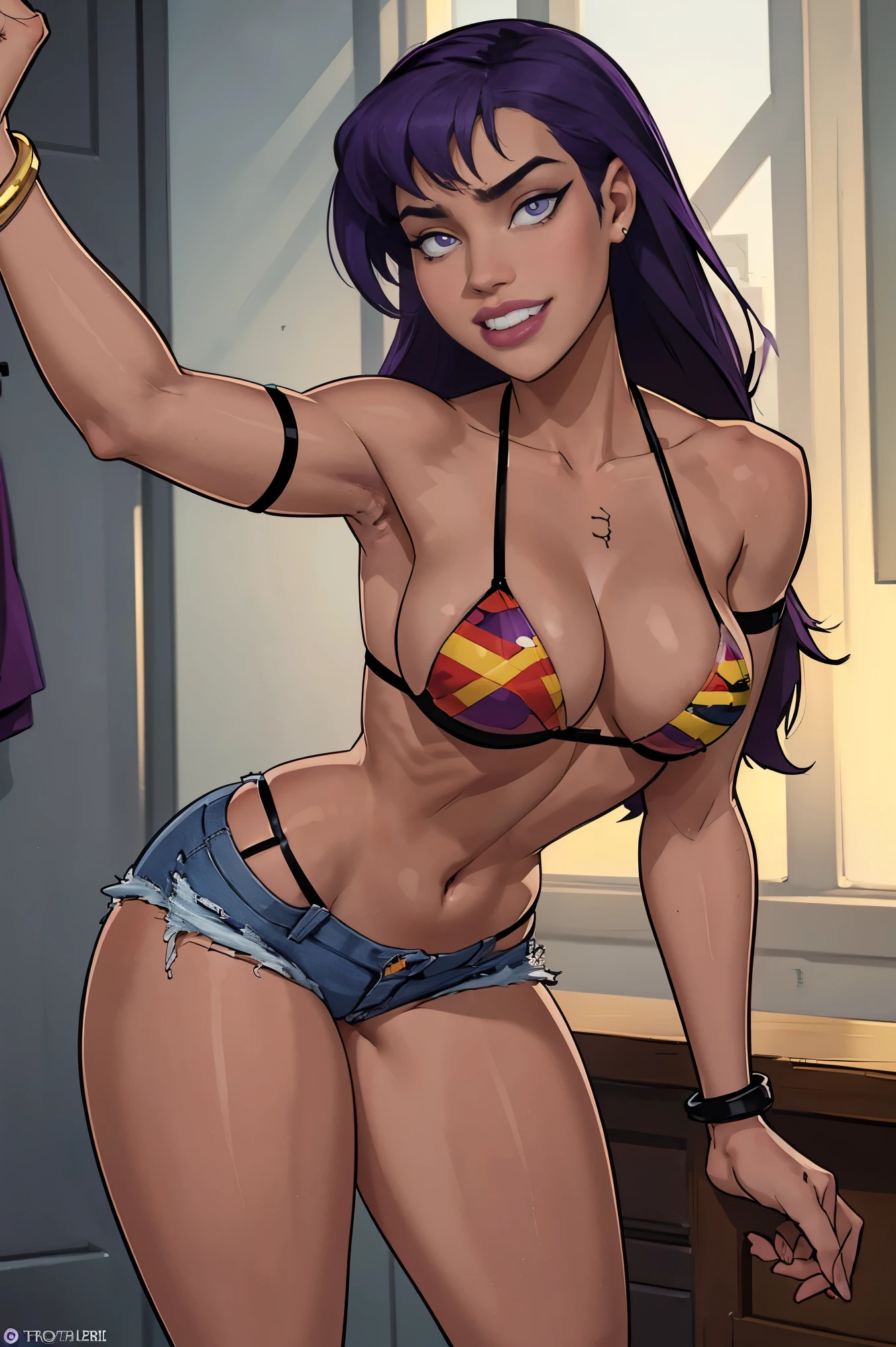 1girl, official anime art illustration, (long ((violet)) dreadlocks), violet eyes, rounded nose, (tall dark-skinned Haitian older woman inside department store fitting rooms), natural teardrop breasts, (wearing Pan-African flag bikini top), tattoo above navel, golden armlets and bracelets, ripped black denim jean shorts, plump tattooed thighs, lip biting grin, trying on heels, stretch marks and cellulite, perfectly photorealistic, incredibly detailed, 8k, UHD, masterpiece, best quality, ultra detailed, intricate, NSFW
