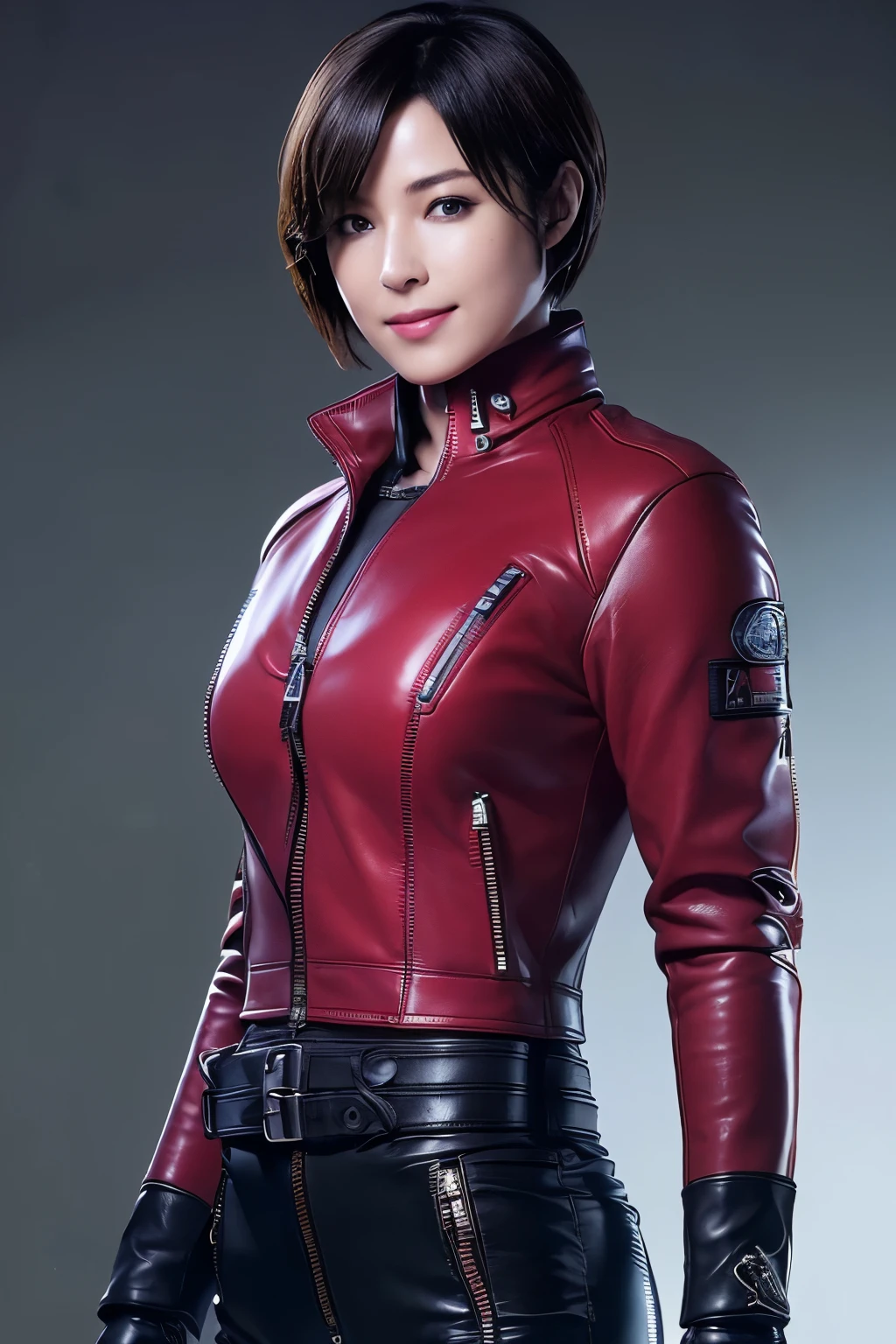 (Realism:1.4),Resident Evil 6,Ada,Short Hair,No background,look at me,A body that makes you want to touch it,foxy make up,Pink Lips,smile,she is Wearing ((long sleeve rider jacket(red leather))(((close the zipper tightly)))) and ((one waist belt)(Black leather)(metal buckle)) and ((Skinny long pants(Black leather))) and ((((gloves)))(black leather)),intelligent and beautiful star model,(chin is thin),Costume made of thick leather fabric, (G cup breasts)(slender body shape) ,young face,From Side, smile,young,
