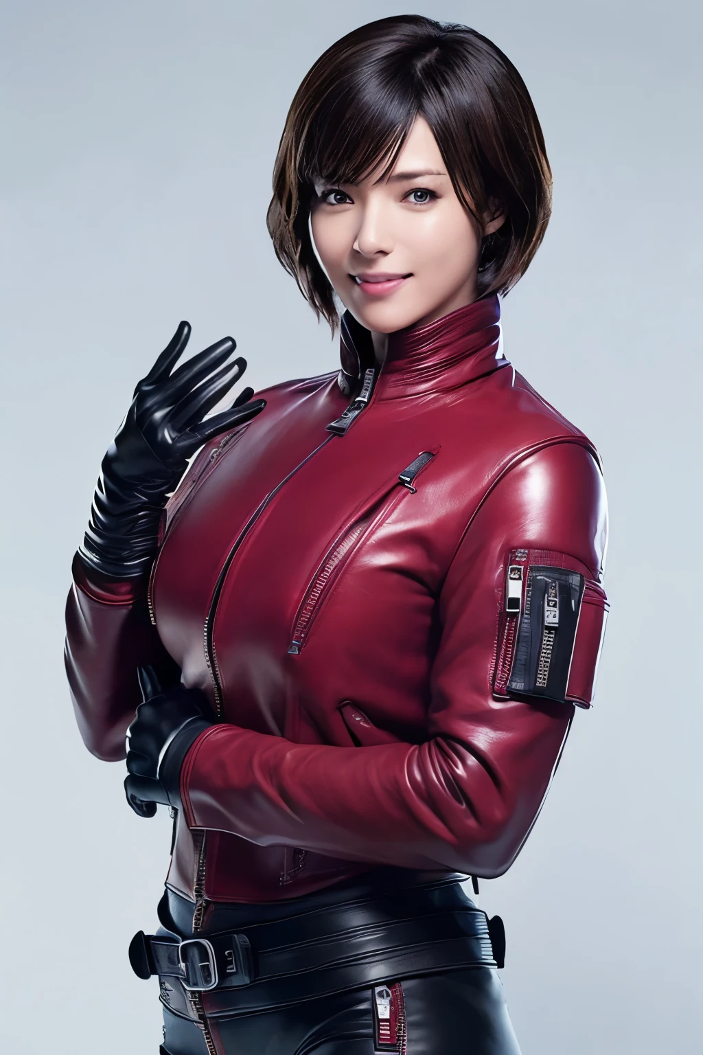 (Realism:1.4),Resident Evil 6,Ada,Short Hair,No background,look at me,A body that makes you want to touch it,foxy make up,Pink Lips,smile,she is Wearing ((long sleeve rider jacket(red leather))(((close the zipper tightly)))) and ((one waist belt)(Black leather)(metal buckle)) and ((Skinny long pants(Black leather))) and ((((gloves)))(black leather)),intelligent and beautiful star model,(chin is thin),Costume made of thick leather fabric, (G cup breasts)(slender body shape) ,young face,From Side, smile,young,
