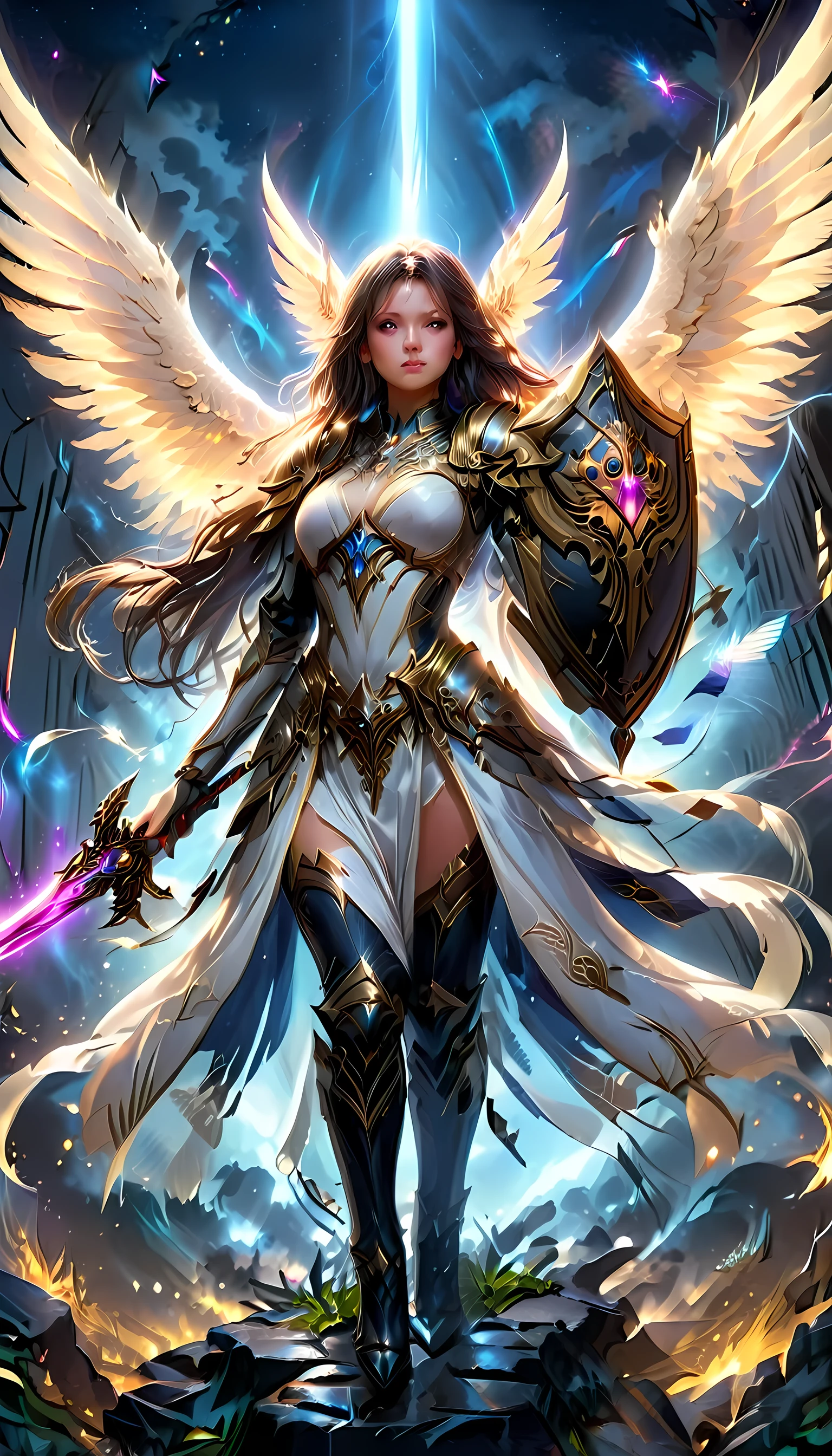 an epic fantasy art of aasimar, female, paladin ready for battle under the full moon, holy warrior, spread large feathered wings, (wings sprouting from the back: 1.3), majestic wings, white angelic wings spread (Masterpiece, intense details: 1.5), moon light, moon, stars, clouds, radiant holy symbol, armed with a divine sword, glowing sword wearing holy armor, wearing high heel boots, dynamic hair color, dynamic hair style, dynamic skin complexion, dark fantasy cemetery background, anatomically correct (Masterpiece 1.3, intense details), angel wings, determined face, god rays, cinematic lighting, glowing light, silhouette, from outside, photorealism, panoramic view (Masterpiece 1.3, intense details) , Wide-Angle, Ultra-Wide Angle, 16k, highres, best quality, high details, 16K, ultra detailed, masterpiece, best quality, (extremely detailed), arafed, dnd art, portrait, full body, Sword and shield