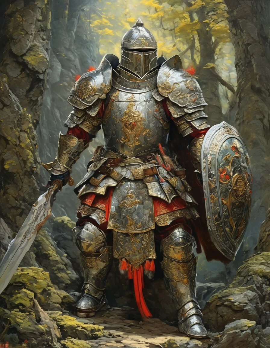 Xu Beihong, Breathtaking work of art A spectacular wide-angle illustration of a paladin in armour (Milky Irradiance:1.25) Colorful Energy, Vibrant, Very detailed,  bark, lichens, Texture