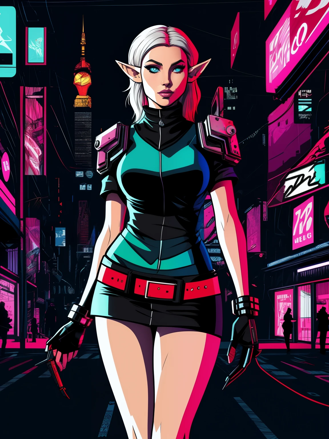 miniskirt, woman, elf, wide hihps, cyberpunk, assassin
