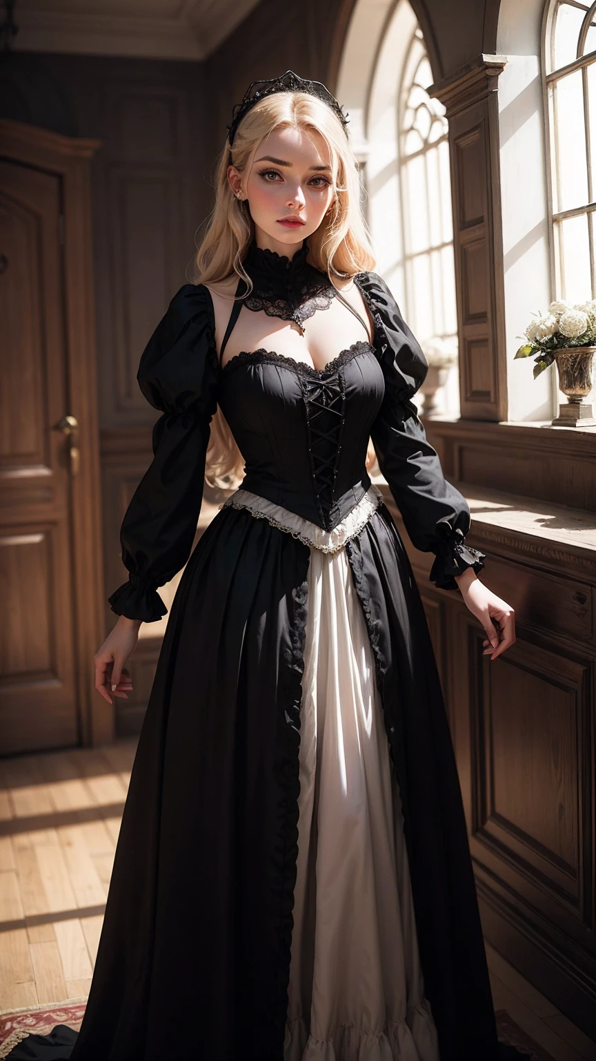 high quality fingers, normal hands, detailed fingers, masterpiece, (realistic, photo-realistic:1.37), (full body:1.5), High-end editorial-style photoshoot highlighting the beauty of a woman with blonde hair and bright blue eyes, dressed in a chic red and black corset, thin waist, seductive smile, large tits, perfect body, perfect face, (full body:1.5), set within the refined atmosphere of a Victorian ballroom. Stylish, elaborate jewelry made with expensive gems.
