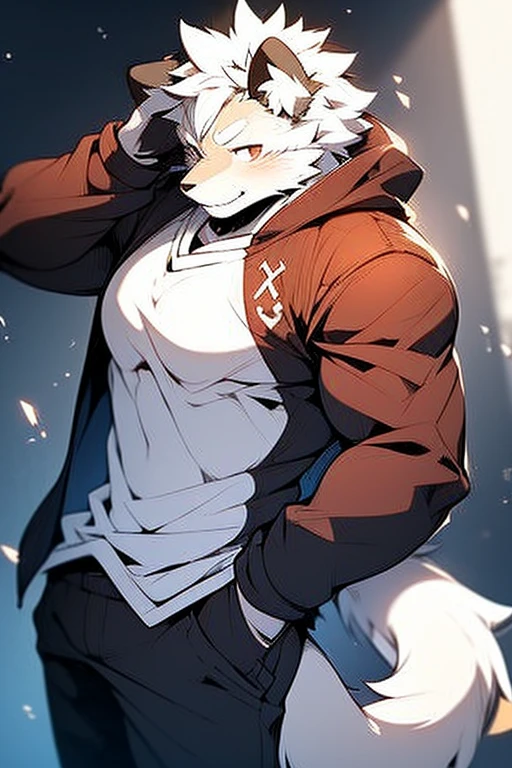 An Anime style Top Body and Right Side Body Picture of A Very Muscular Kemono Furry Style Gray Wolf. He is wearing A Long Black suit with white shirt inside Outfit. His one hand is scratching his head while his another hand is in his pocket. The background is Solid white. He have Gray messy and spikey hair. He is looking at the viewer. His eyes are little red But Mostly white. He is standing in the background. He look like a video game character. He is smiling and blushes with blushes on his face. His tail is sticking upward. He is shy and little embarrassed