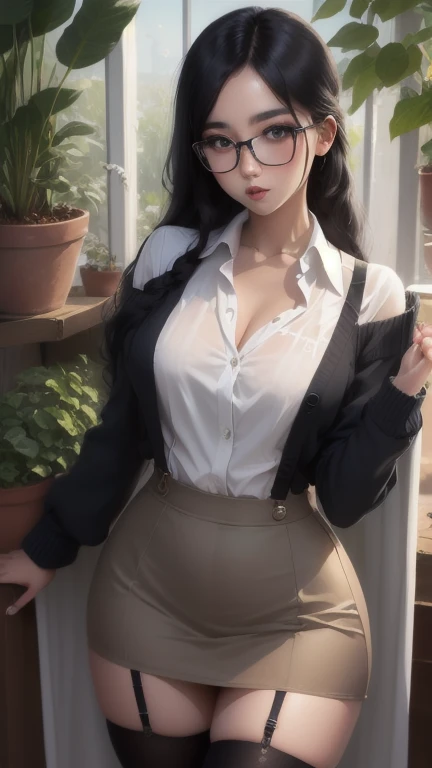 Masterpiece, highest quality, high resolution, extreme detail, 1 woman, 30 year old female pulling on her clothers, dark skin, large breasts, dark lips, eye liner, blushing cheeks, long black hair in a very large pony tail, white blouse, (unbuttoned), cardigan, (unduttoned), lace bra, blue gingham skirt, white thigh high stockings, suspenders, glasses, seductive look, looking at camera, camera shot from above, 3/4 long shot, cowboy shot, greenhouse, flowers, next to large windows, fashion model pose, dynamic pose,  sexy pose, seductive pose