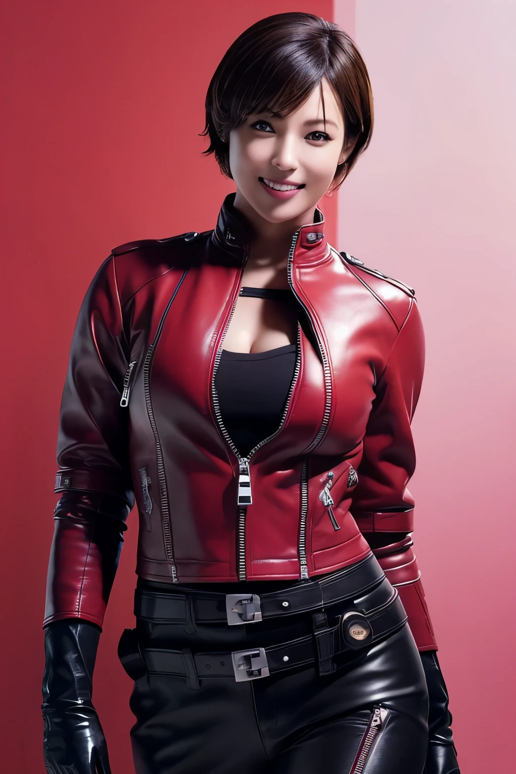 (Realism:1.4),Resident Evil 6,Ada,Short Hair,No background,look at me,A body that makes you want to touch it,foxy make up,Pink Lips,smile,she is Wearing ((long sleeve rider jacket(red leather))(((close the zipper tightly)))) and ((one waist belt)(Black leather)(metal buckle)) and ((Skinny long pants(Black leather))) and ((((gloves)))(black leather)),intelligent and beautiful star model,(chin is thin),Costume made of thick leather fabric, (G cup breasts)(slender body shape) ,young face,, smile,young,
