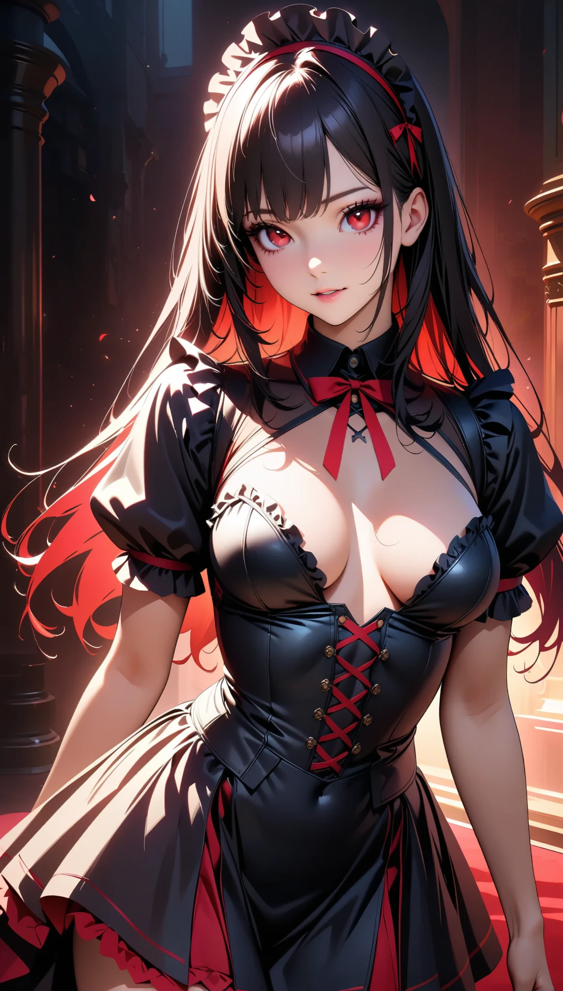 (Best Quality, 4K, High-definition CG illustrations, High resolution, masterpiece), Very detailed, Realistic, Gothic art style, Sexy maid, Very detailedなイラスト, Cute frills and revealing maid outfit, Headdress, Black Hair, Long Straight Hair, Bangs, (Detailed face and eyes, Beautiful Eyes, Porcelain-like skin, Long eyelashes), Cowboy Shot, Random Sexy Poses, Strong contrast of light and shadow, Dramatic lighting, Deep red concept image color, Desaturated colors, Strong light and dark effects, Black color scheme