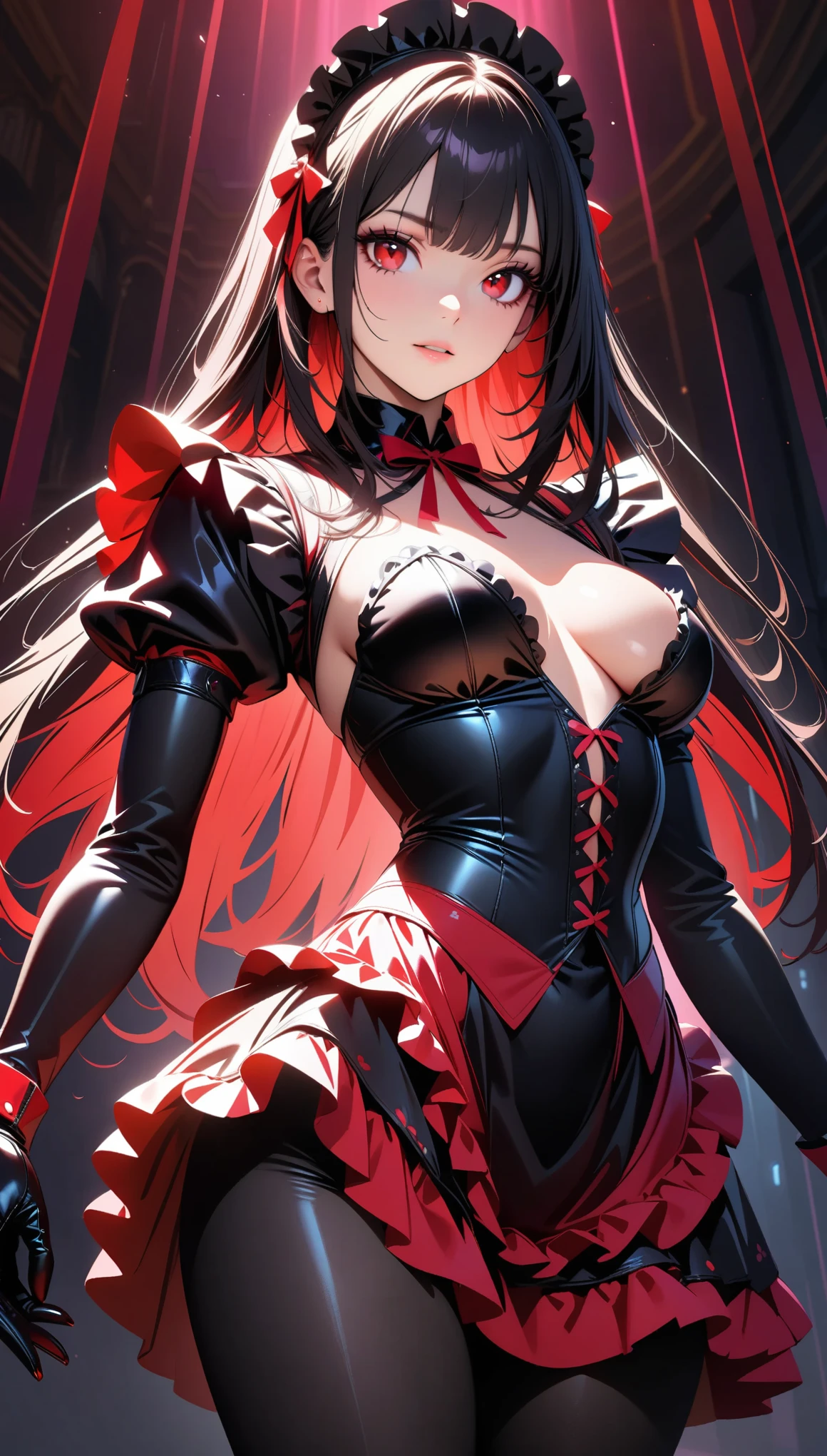 (Best Quality, 4K, High-definition CG illustrations, High resolution, masterpiece), Very detailed, Realistic, Gothic art style, Sexy maid, Very detailedなイラスト, Cute frills and revealing maid outfit, Headdress, Black Hair, Long Straight Hair, Bangs, (Detailed face and eyes, Beautiful Eyes, Porcelain-like skin, Long eyelashes), Cowboy Shot, Random Sexy Poses, Strong contrast of light and shadow, Dramatic lighting, Deep red concept image color, Desaturated colors, Strong light and dark effects, Black color scheme