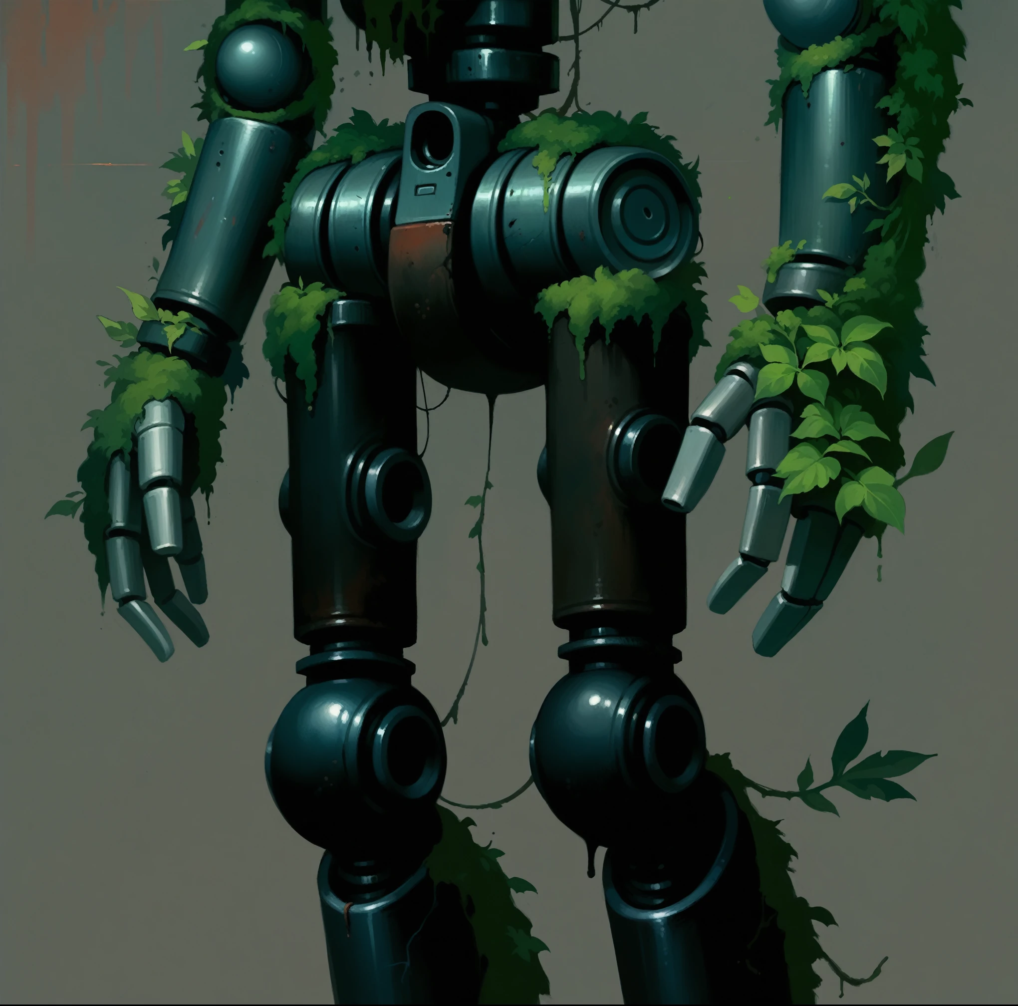 robot covered in moss and greenery, rusty, rust