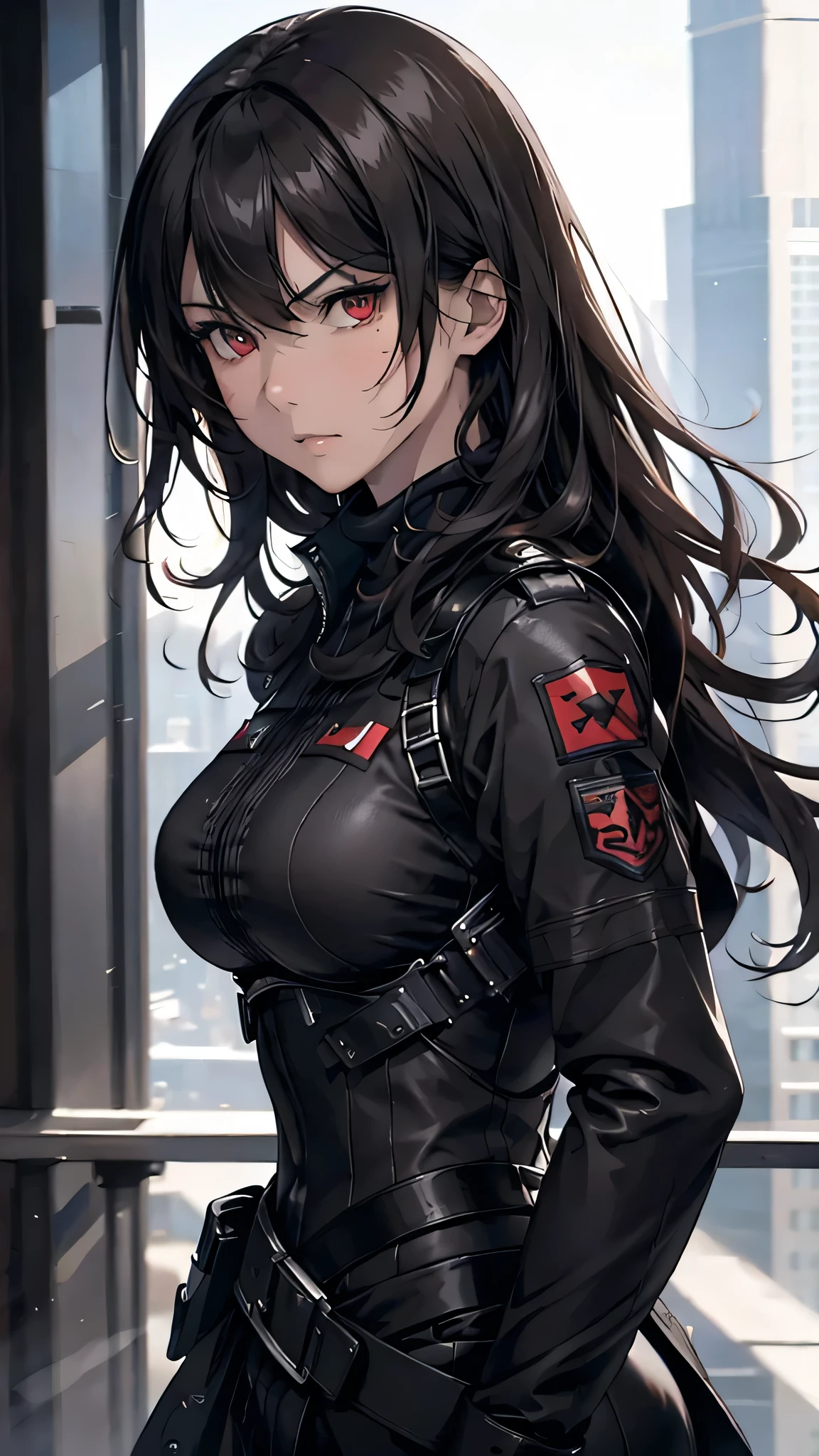 8k resolution,((Best Quality)),Ultra-high resolution,Adult women, Alone, sexy, (Angry face), (Red eyes), A beautiful, symmetrical face, (Black curly long hair),Combat Suit,Military vest,Realistic:1.4,Realistic:1.4,(masterpiece:1.2),Perfect Eyes,Perfect Eyes,Dark underground parking lot,A mercenary woman,Perfect thighs,Perfect waist