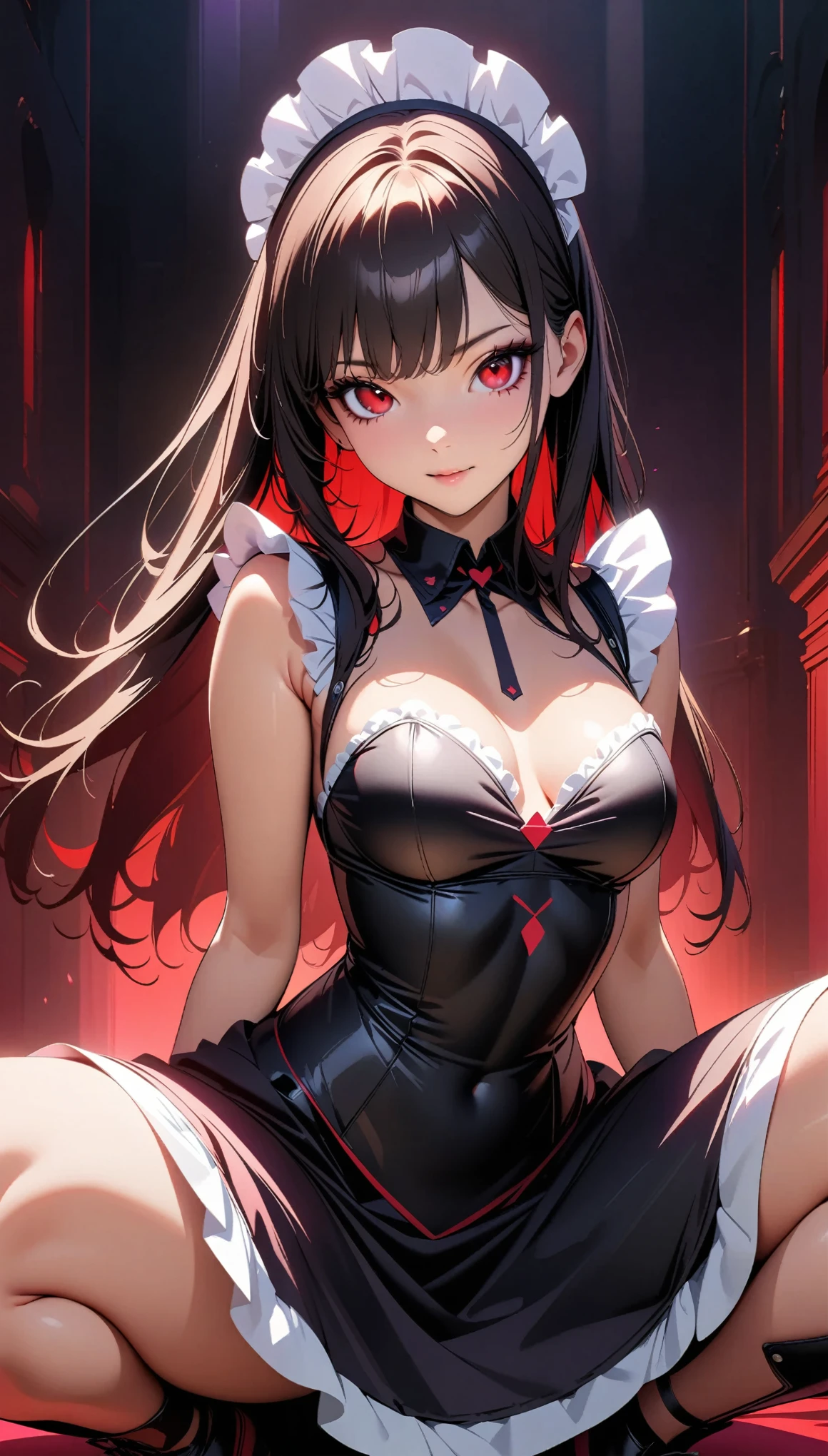 (Best Quality, 4K, High-definition CG illustrations, High resolution, masterpiece), Very detailed, Realistic, Gothic art style, Sexy maid, Very detailedなイラスト, Cute frills and revealing maid outfit, Headdress, Black Hair, Long Straight Hair, Bangs, (Detailed face and eyes, Beautiful Eyes, Porcelain-like skin, Long eyelashes), Random Sexy Poses, Squat with legs spread, A lustful bedroom environment, Strong contrast of light and shadow, Dramatic lighting, Deep red concept image color, Desaturated colors, Strong light and dark effects, Black color scheme