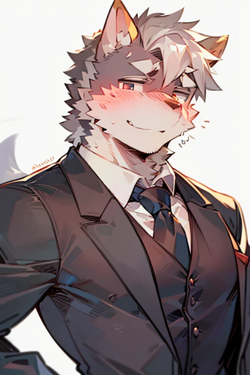 An Anime style Top Body and Right Side Body Picture of A Very Muscular Kemono Furry Style Gray Wolf. He is wearing A Long Black Tuxedo suit with white shirt inside Outfit. His one hand is scratching his head while his another hand is in his pocket. The background is Solid white. He have Gray messy and spikey hair. He is looking at the viewer. His eyes are little red But Mostly white. He is standing in the background. He look like a video game character. He is smiling and blushes with blushes on his face. His tail is sticking upward. He is shy and little embarrassed